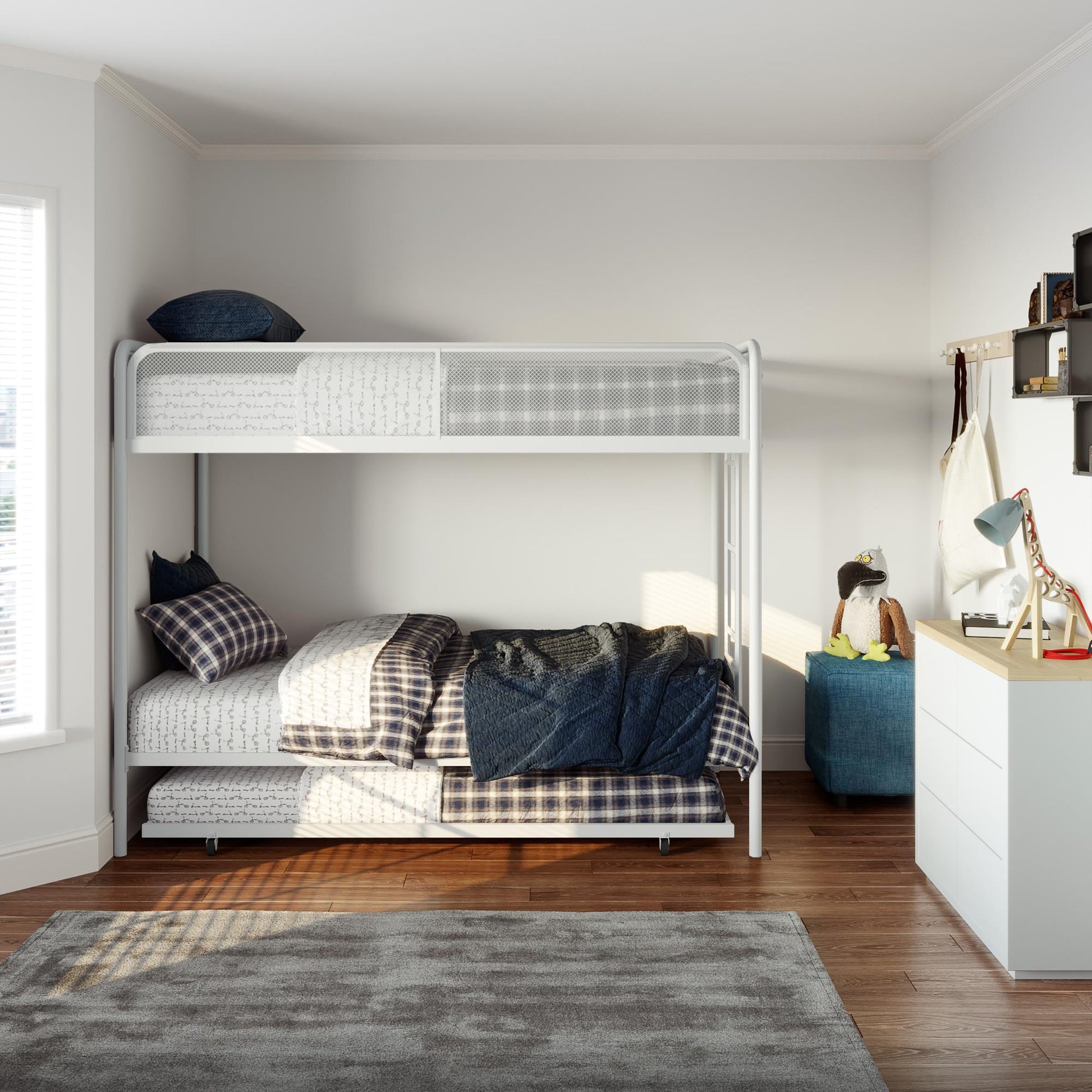 Triple Metal Twin over Twin Bunk Bed with Trundle and Integrated Ladder - White - Twin-Over-Twin