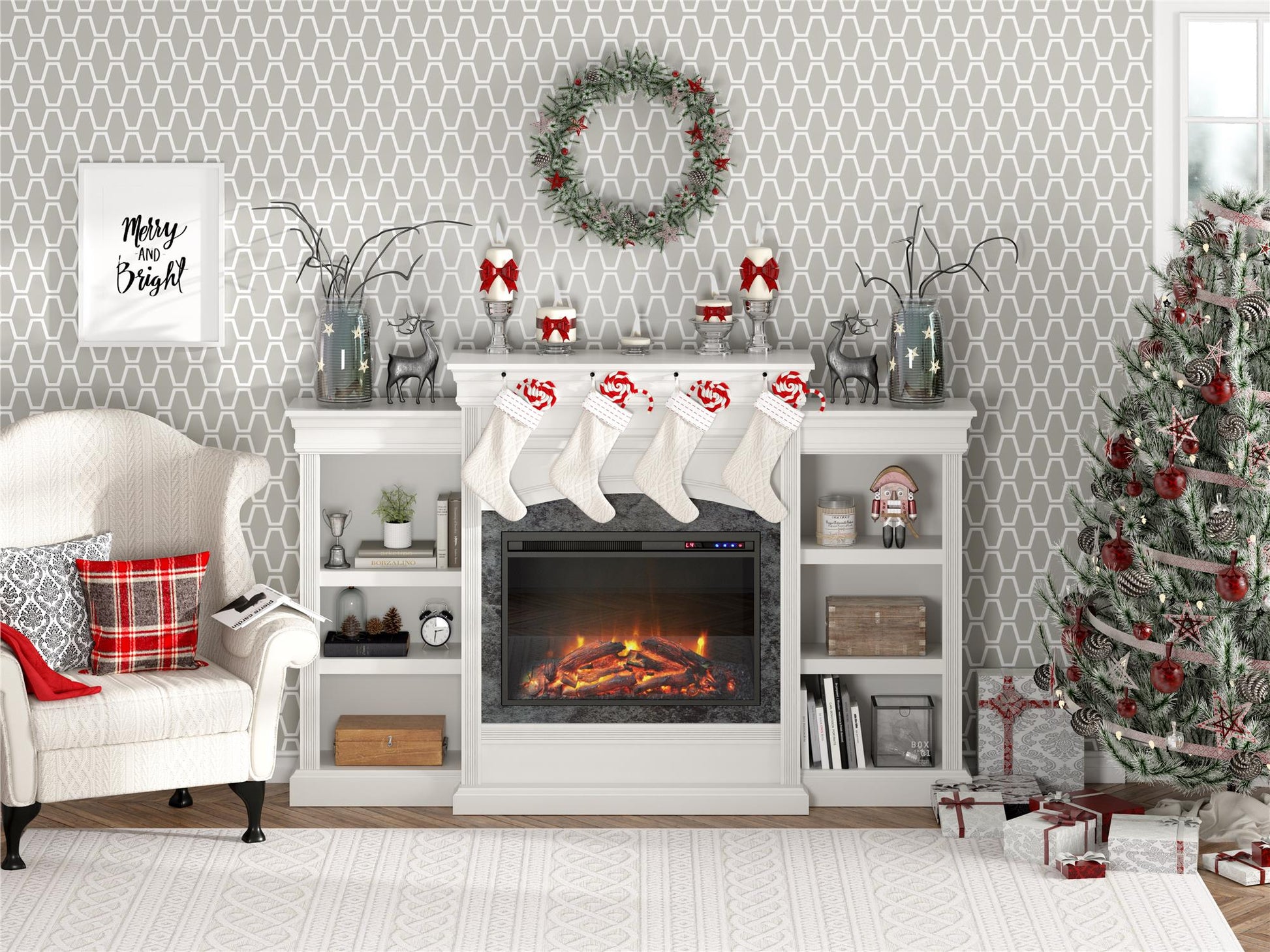 Lamont Mantel Fireplace with Side Shelves and 26 Inch Fireplace Insert - White