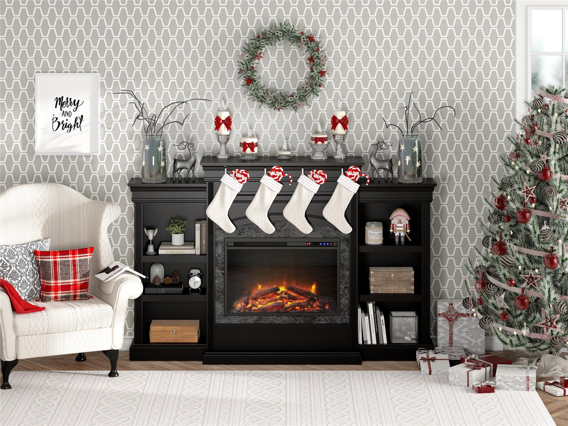 Lamont Mantel Fireplace with Side Shelves and 26 Inch Fireplace Insert - Black