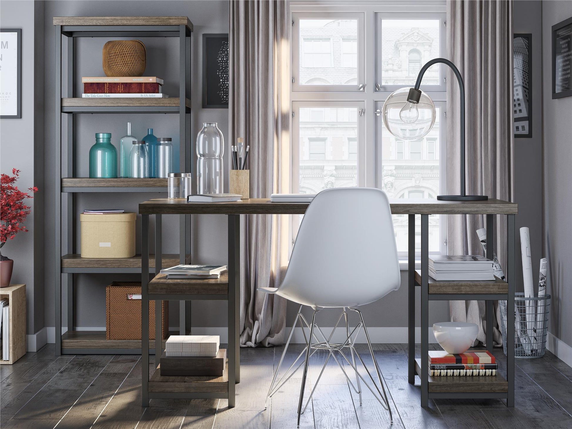 Ashlar Desk with Open Storage Shelves and Metal Legs - Weathered Oak