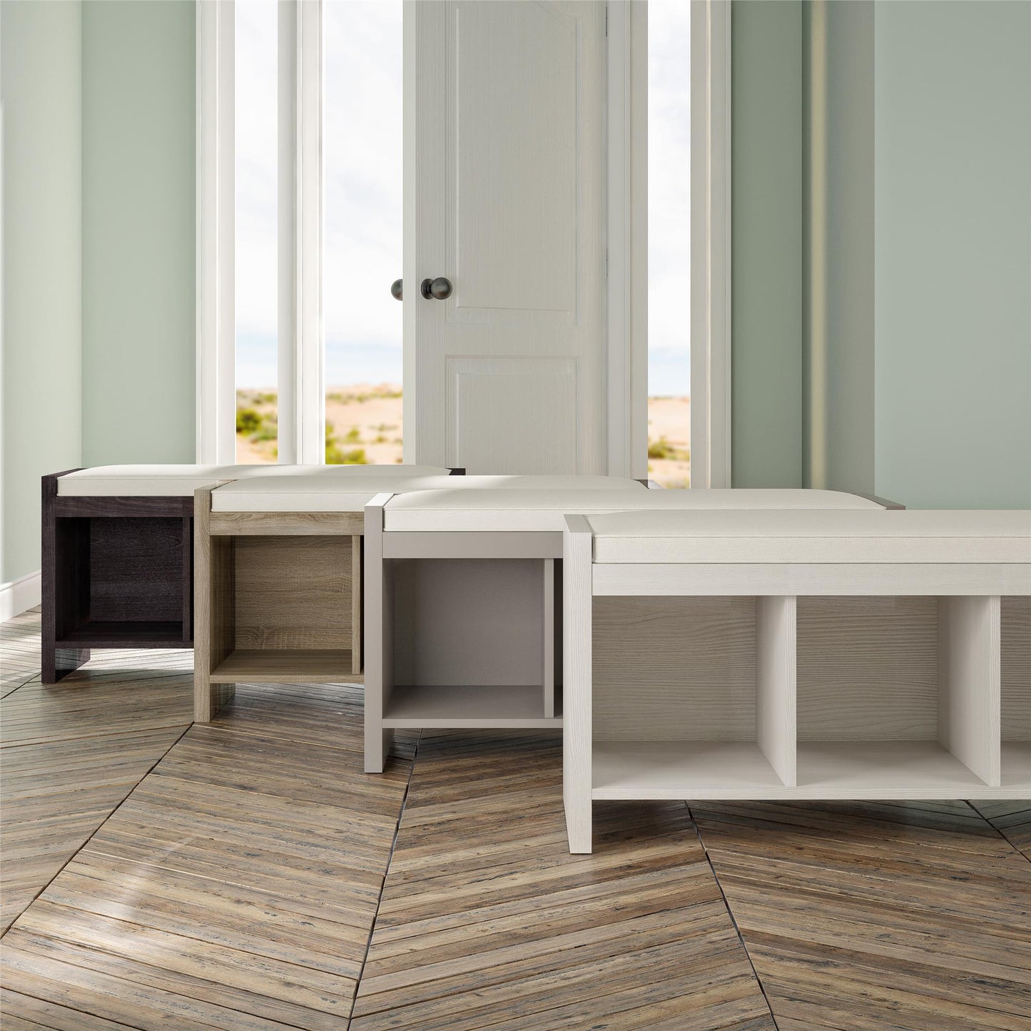 Penelope Entryway Storage Bench with Cushion and Cubbies - Taupe