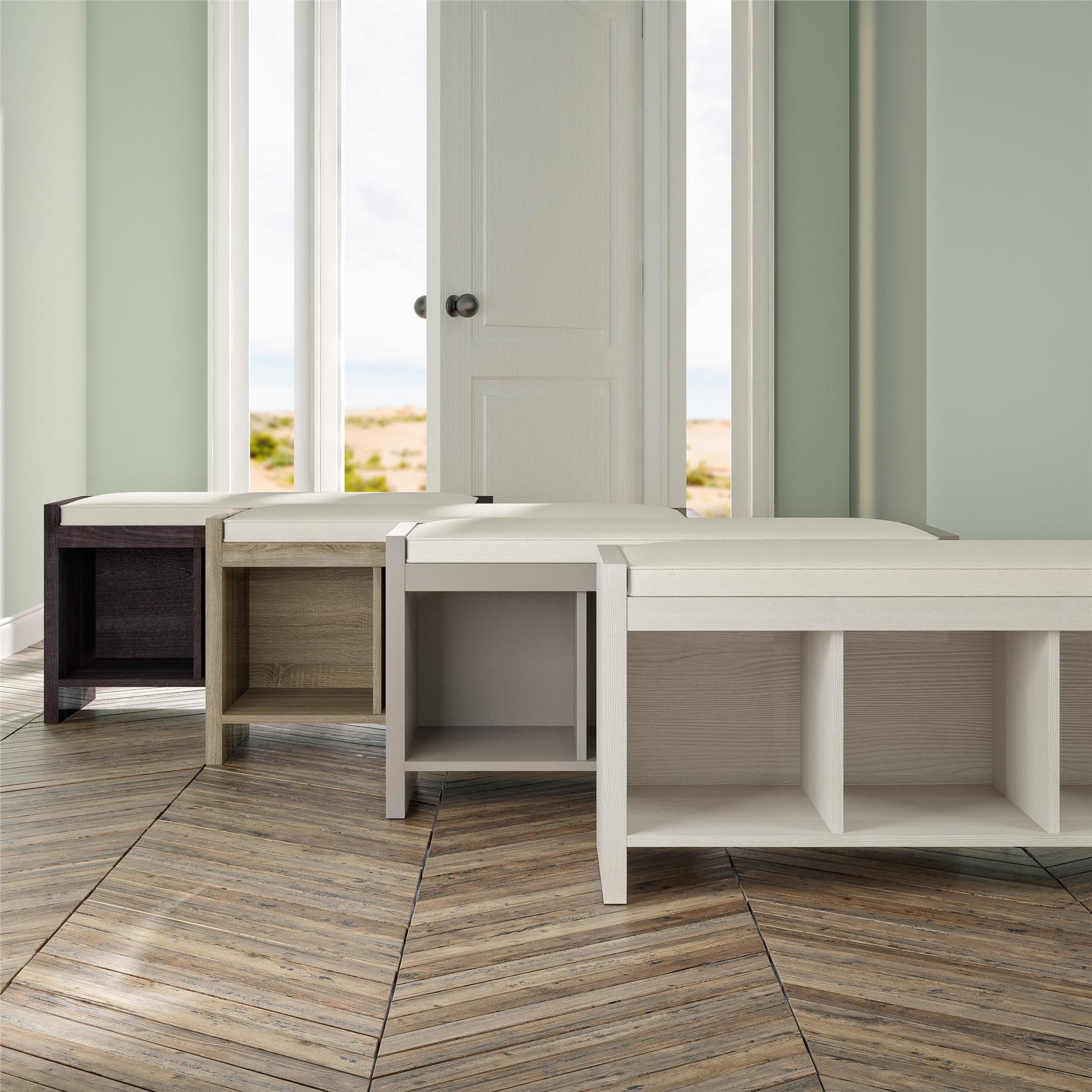 Penelope Entryway Storage Bench with Cushion and Cubbies - Taupe