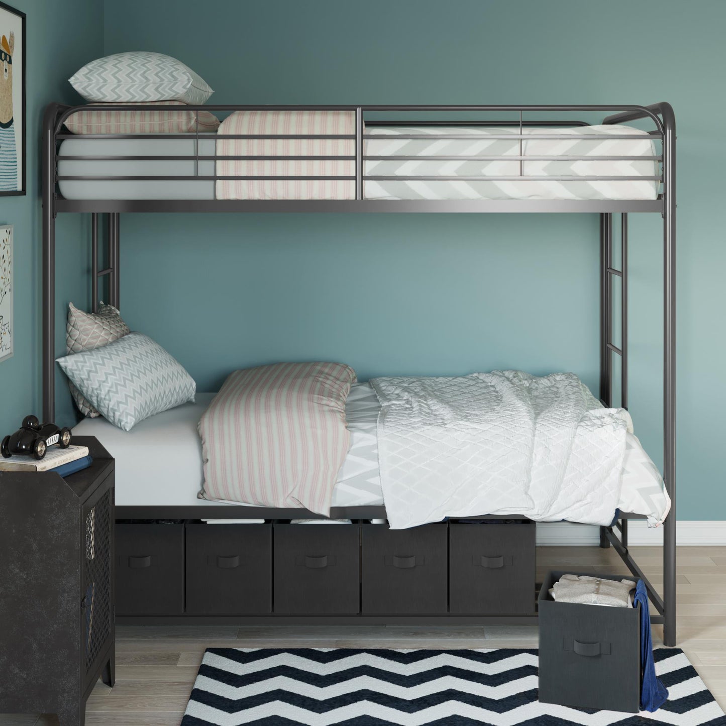 Mainstays Twin over Twin Metal Bunk Bed with Storage Bins, Black - Black - Twin-Over-Twin