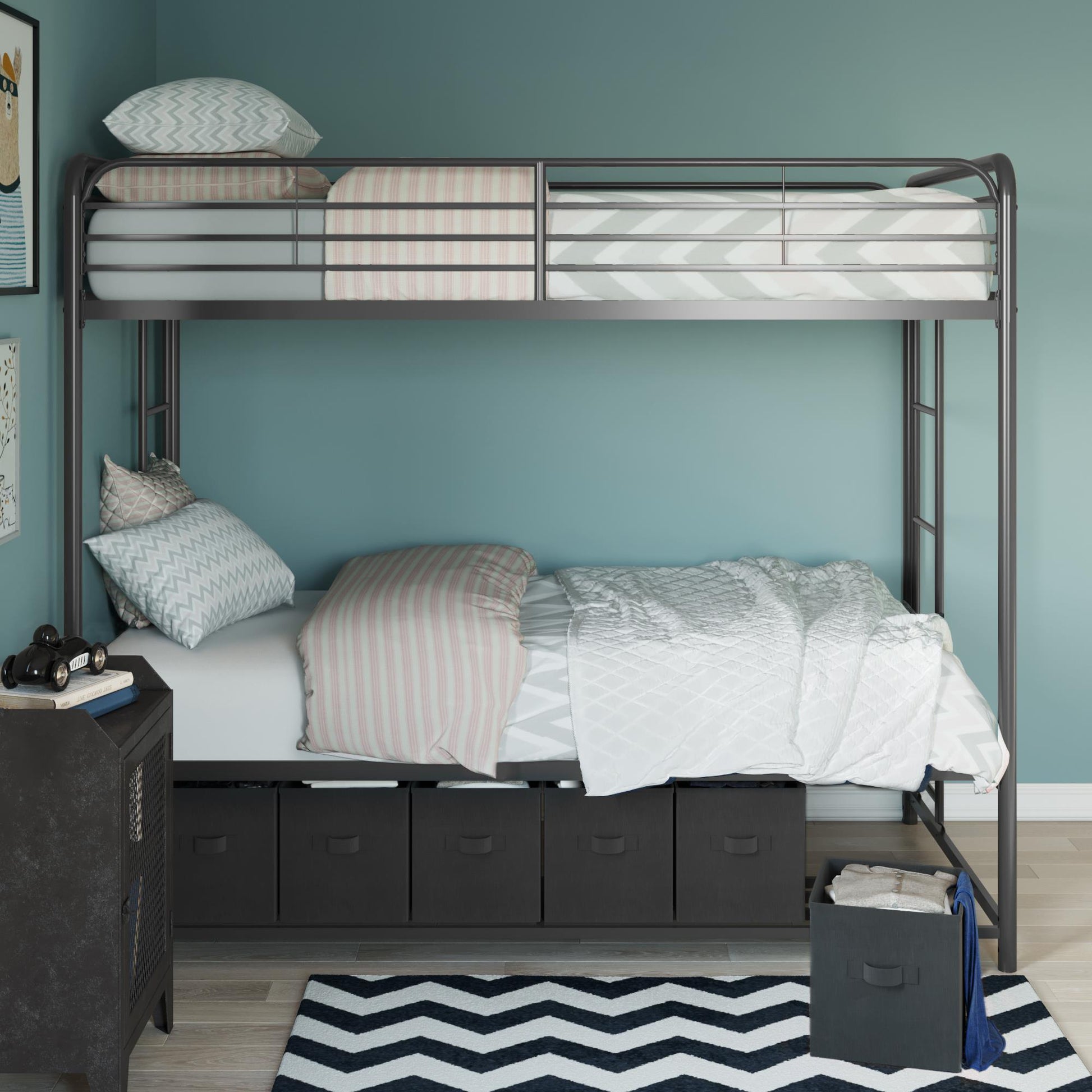 Mainstays Twin over Twin Metal Bunk Bed with Storage Bins, Black - Black - Twin-Over-Twin
