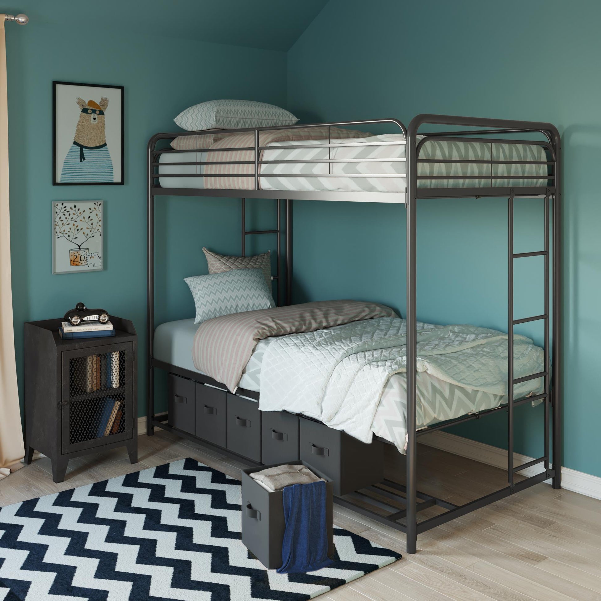 Mainstays Twin over Twin Metal Bunk Bed with Storage Bins, Black - Black - Twin-Over-Twin