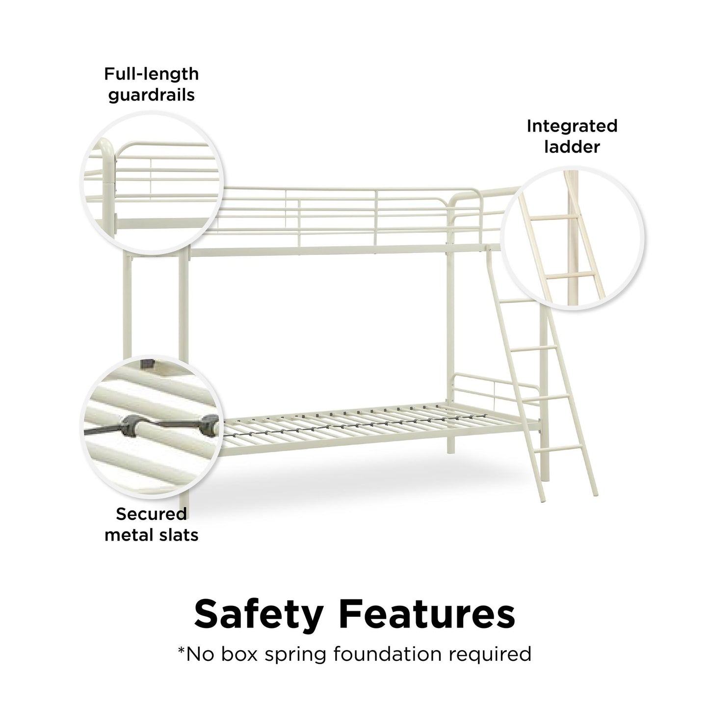 Dusty Twin over Twin Metal Bunk Bed with Slanted Front Ladder and Guardrails - White - Twin-Over-Twin