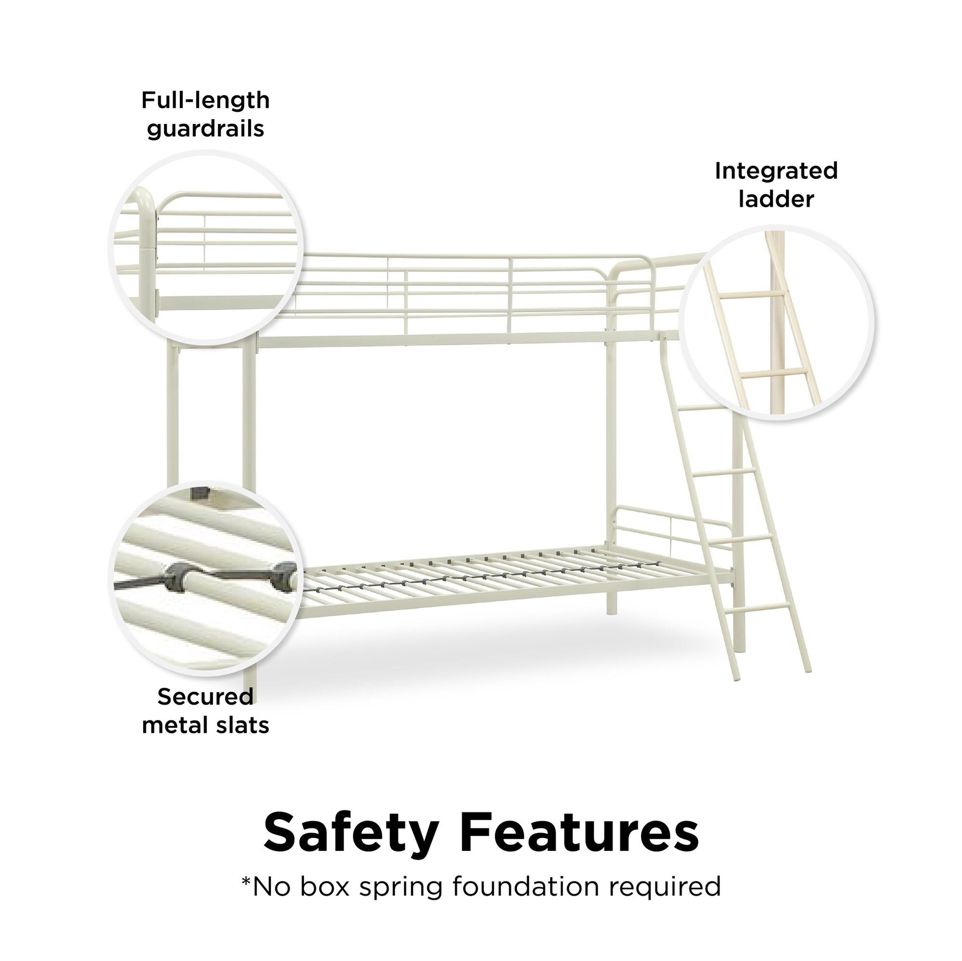 Dusty Twin over Twin Metal Bunk Bed with Slanted Front Ladder and Guardrails - White - Twin-Over-Twin