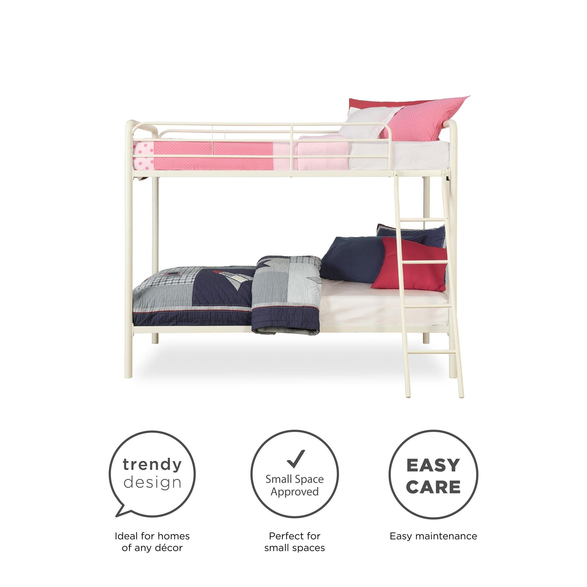 Dusty Twin over Twin Metal Bunk Bed with Slanted Front Ladder and Guardrails - White - Twin-Over-Twin