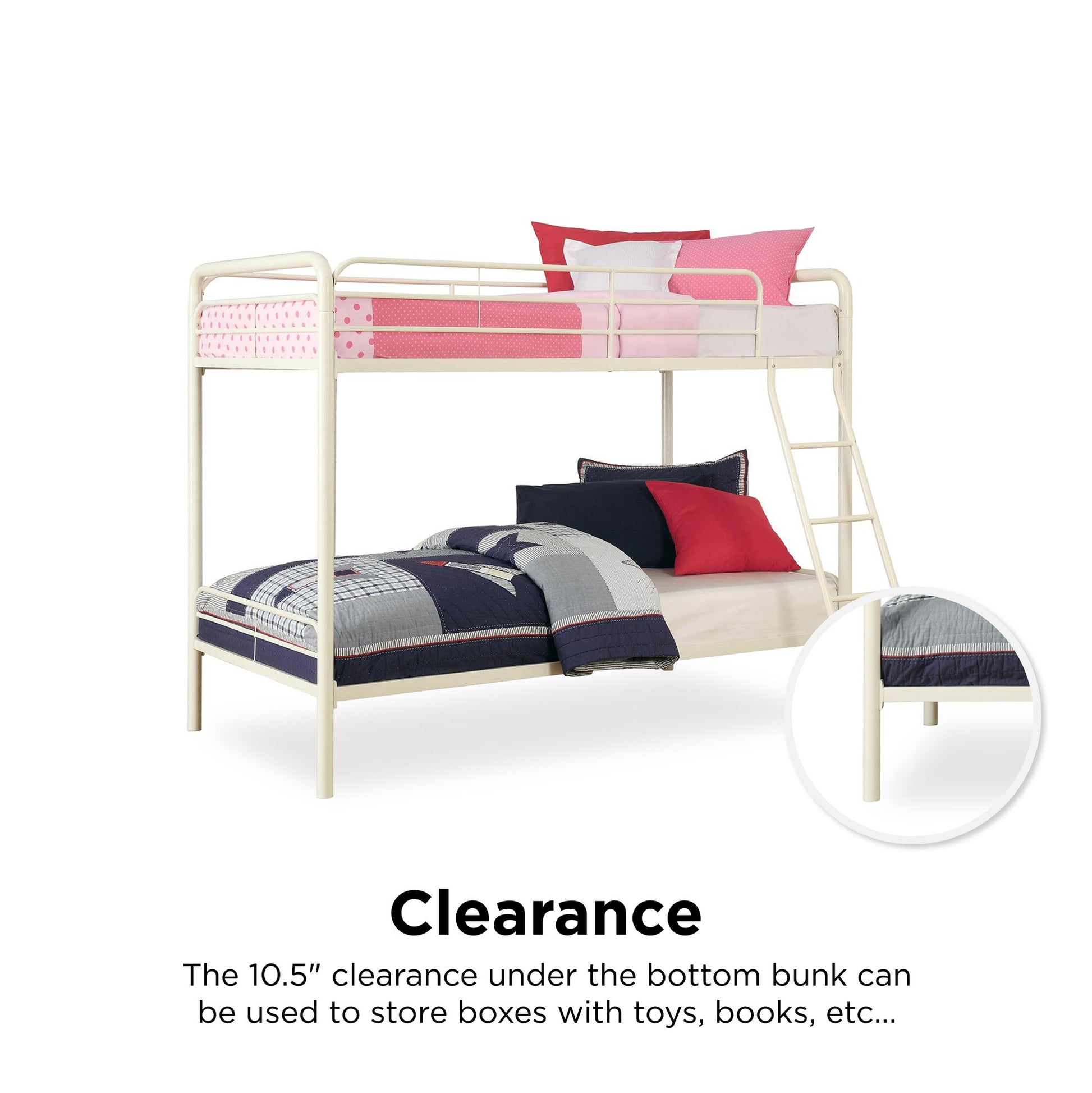 Dusty Twin over Twin Metal Bunk Bed with Slanted Front Ladder and Guardrails - White - Twin-Over-Twin