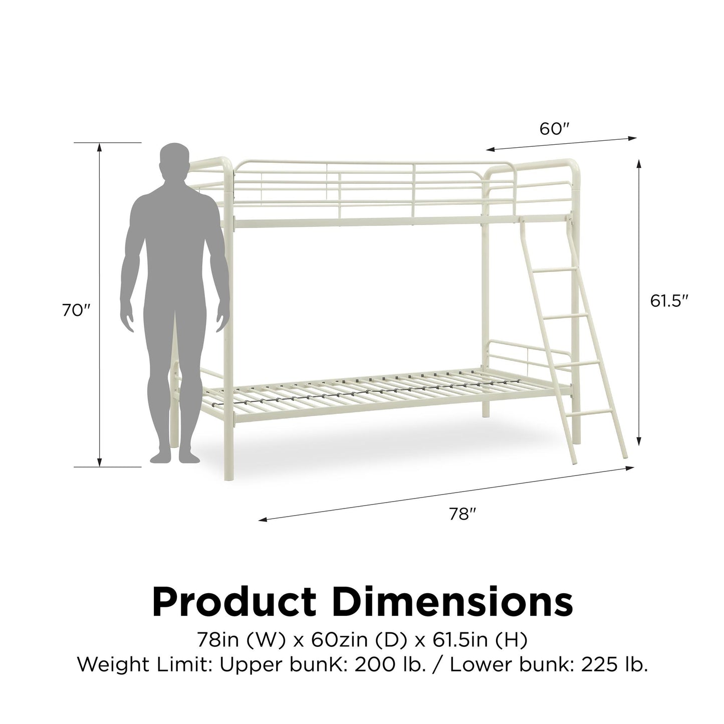 Dusty Twin over Twin Metal Bunk Bed with Slanted Front Ladder and Guardrails - White - Twin-Over-Twin
