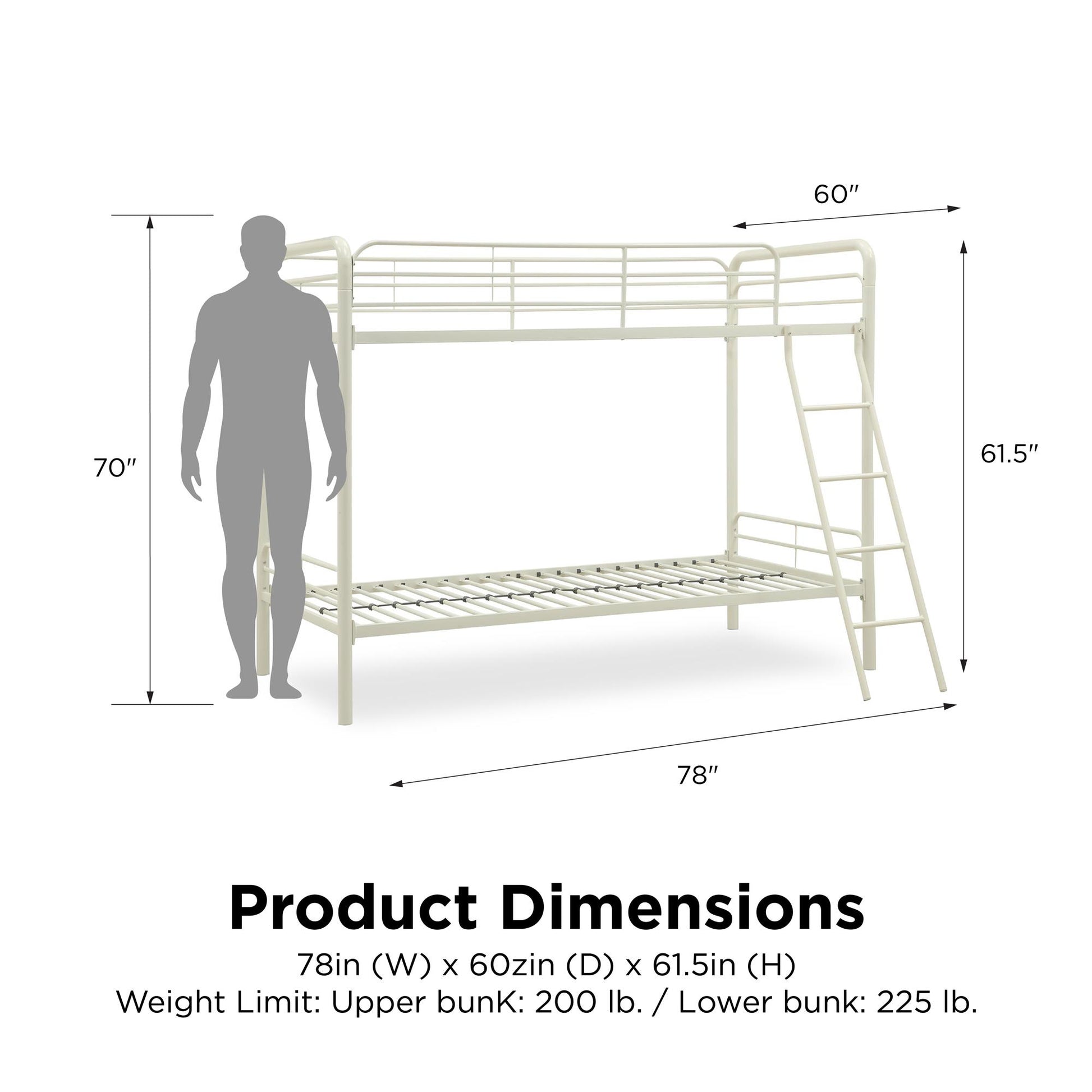 Dusty Twin over Twin Metal Bunk Bed with Slanted Front Ladder and Guardrails - White - Twin-Over-Twin