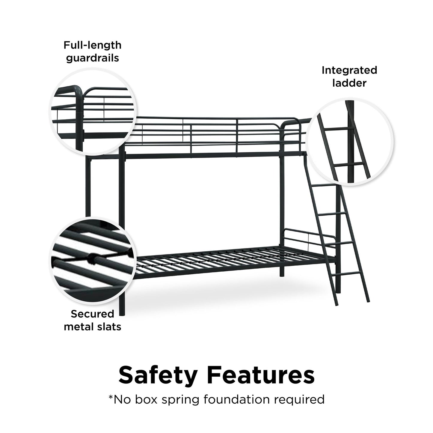 Twin over Twin Metal Bunk Bed with Slanted Front Ladder and Guardrails - Black - Twin-Over-Twin