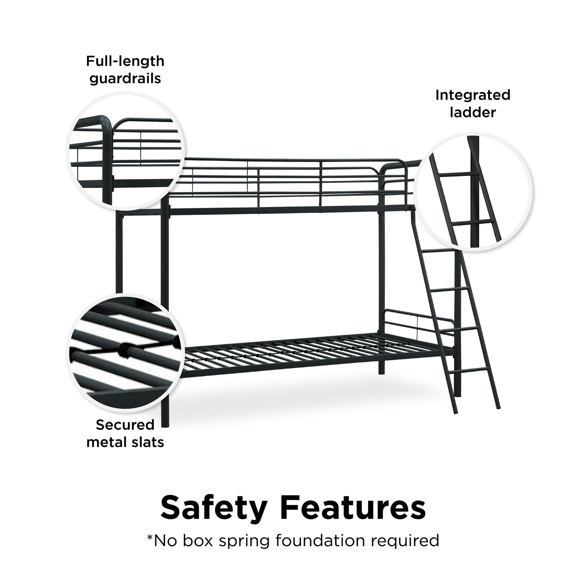 Twin over Twin Metal Bunk Bed with Slanted Front Ladder and Guardrails - Black - Twin-Over-Twin