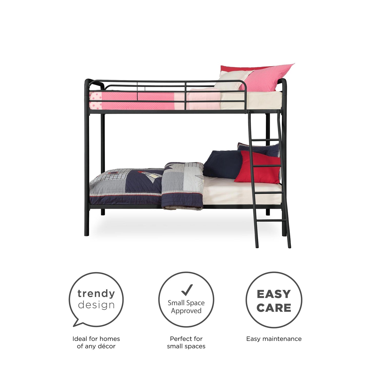 Twin over Twin Metal Bunk Bed with Slanted Front Ladder and Guardrails - Black - Twin-Over-Twin
