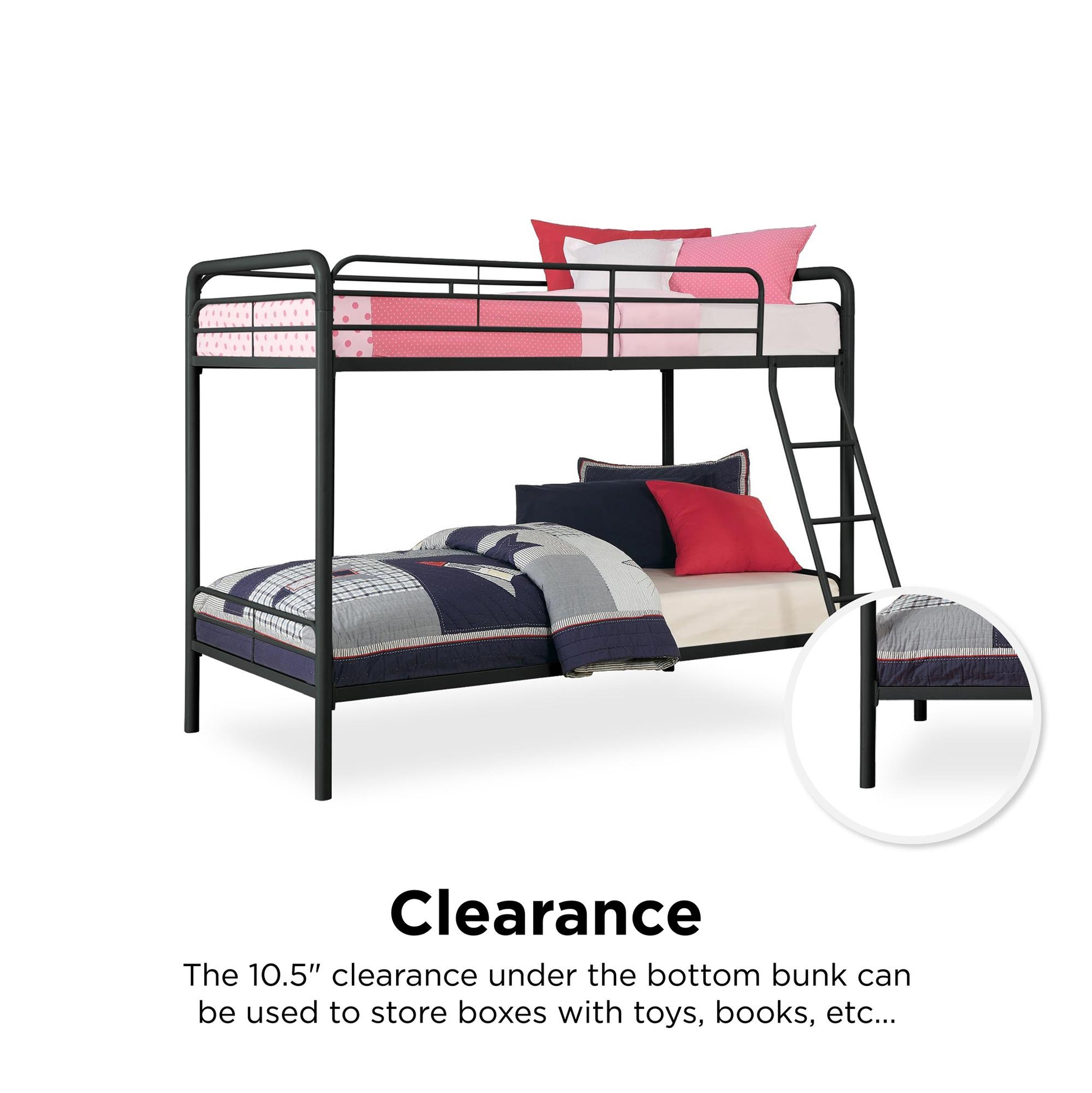 Twin over Twin Metal Bunk Bed with Slanted Front Ladder and Guardrails - Black - Twin-Over-Twin