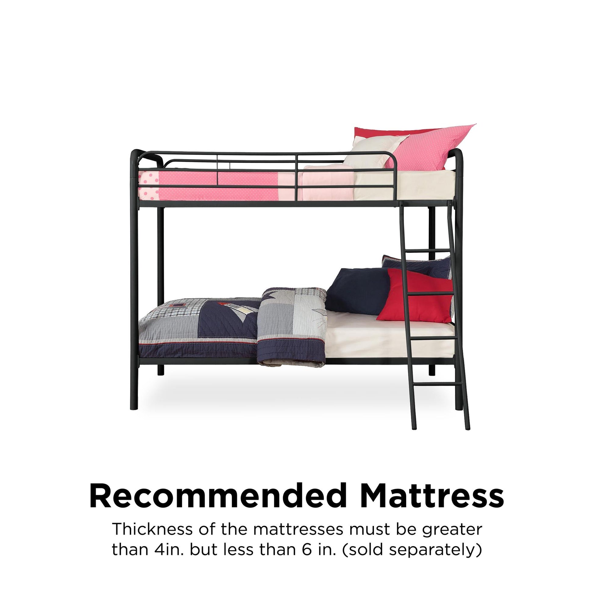 Twin over Twin Metal Bunk Bed with Slanted Front Ladder and Guardrails - Black - Twin-Over-Twin
