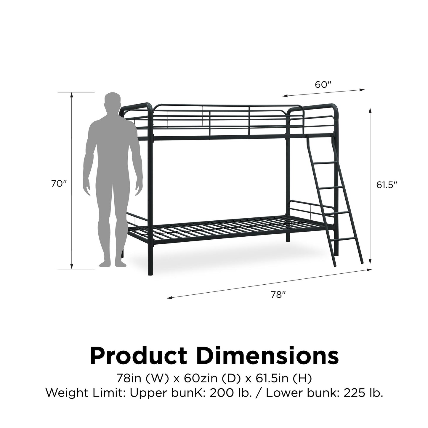 Twin over Twin Metal Bunk Bed with Slanted Front Ladder and Guardrails - Black - Twin-Over-Twin