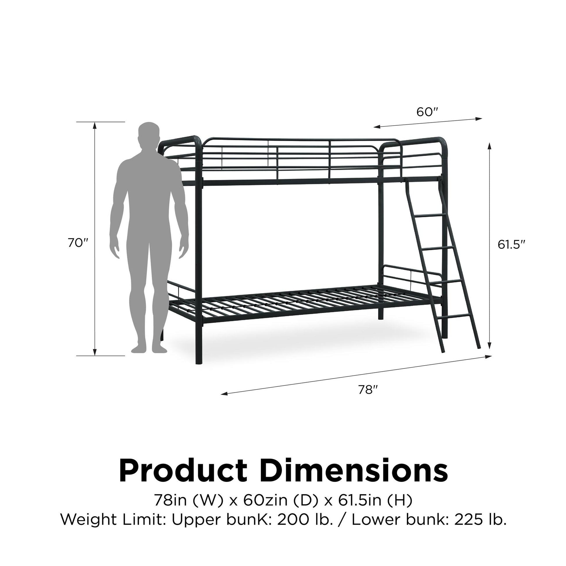 Twin over Twin Metal Bunk Bed with Slanted Front Ladder and Guardrails - Black - Twin-Over-Twin