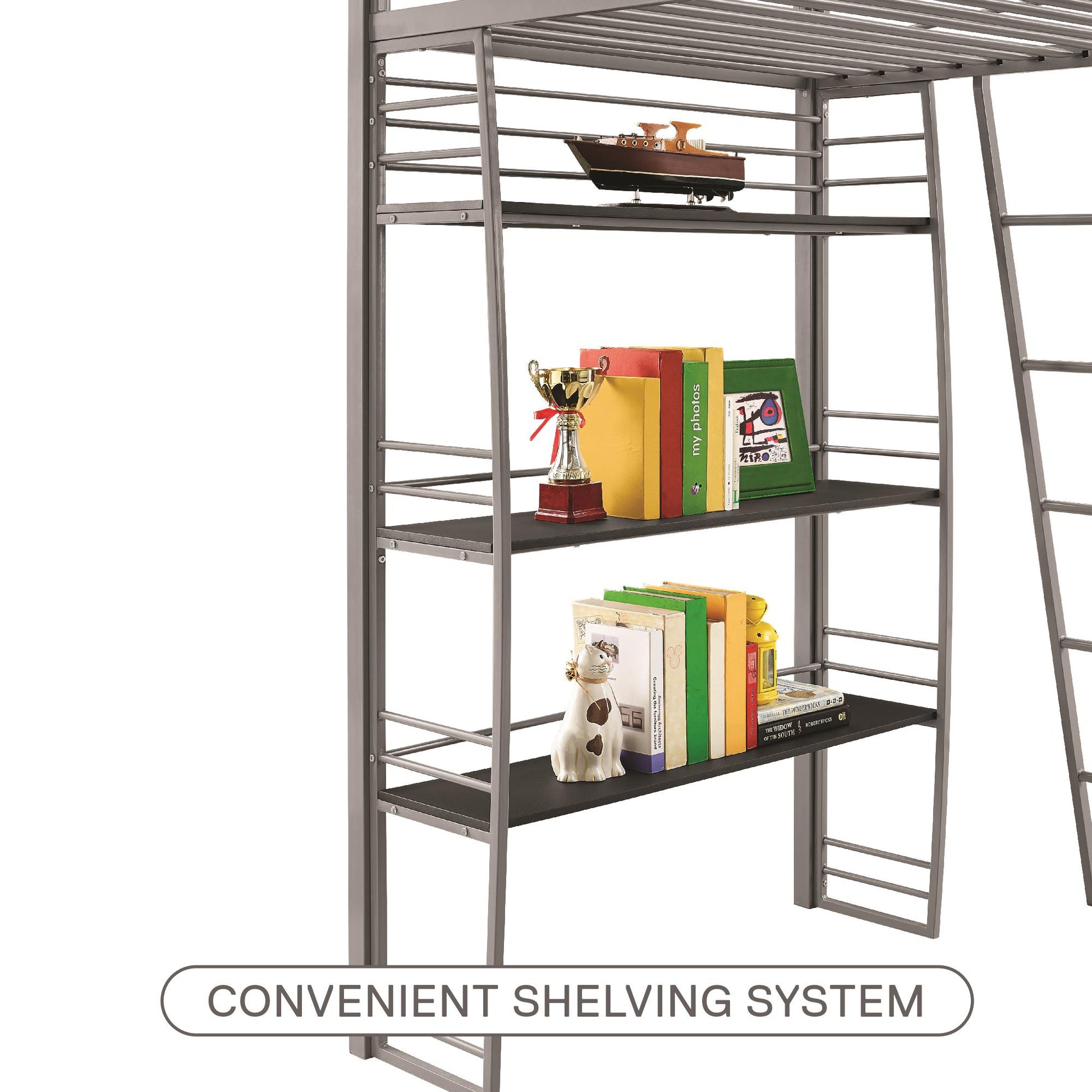 Sage Studio Twin Loft Bed with Integrated Desk and Shelves - Silver - Twin