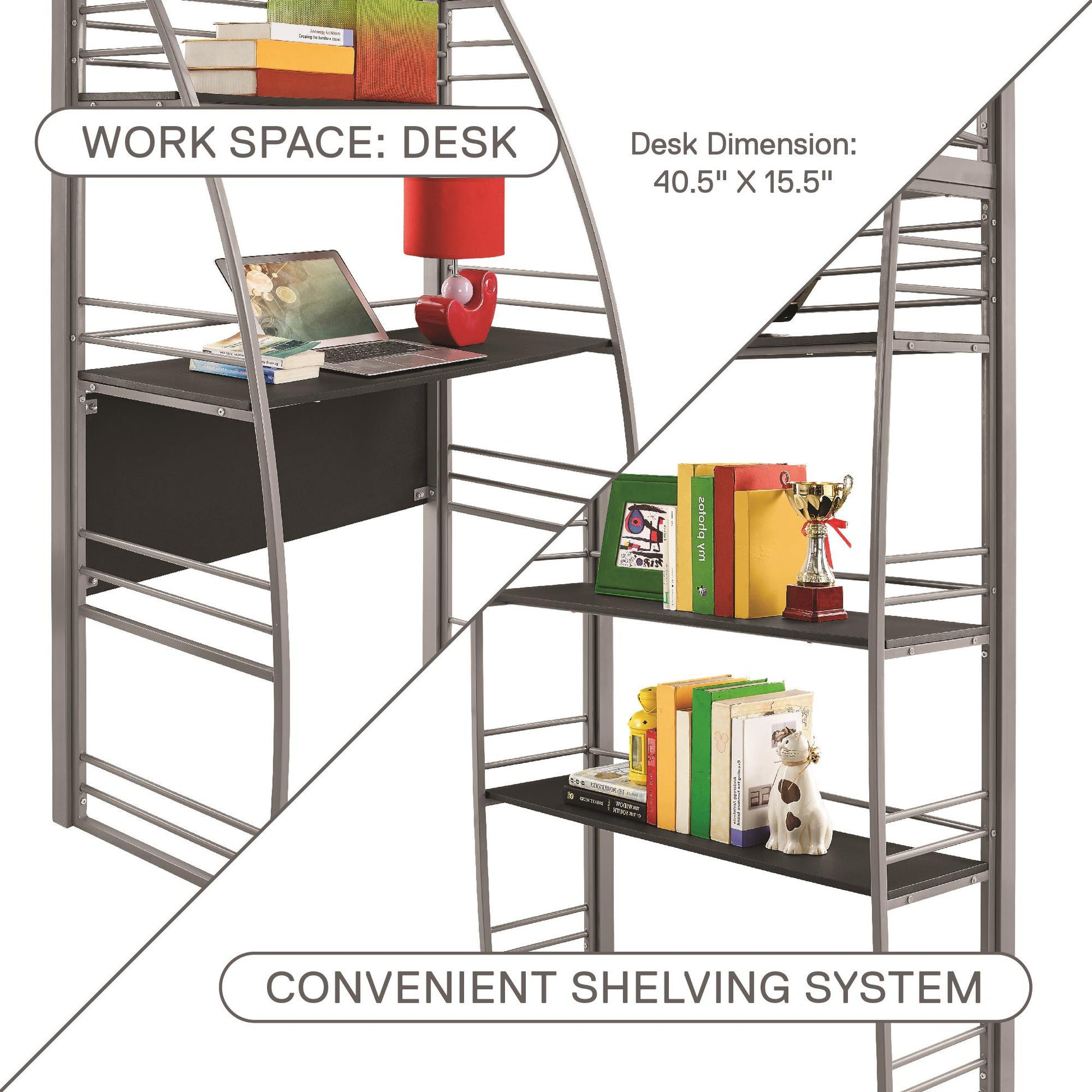 Sage Studio Twin Loft Bed with Integrated Desk and Shelves - Silver - Twin