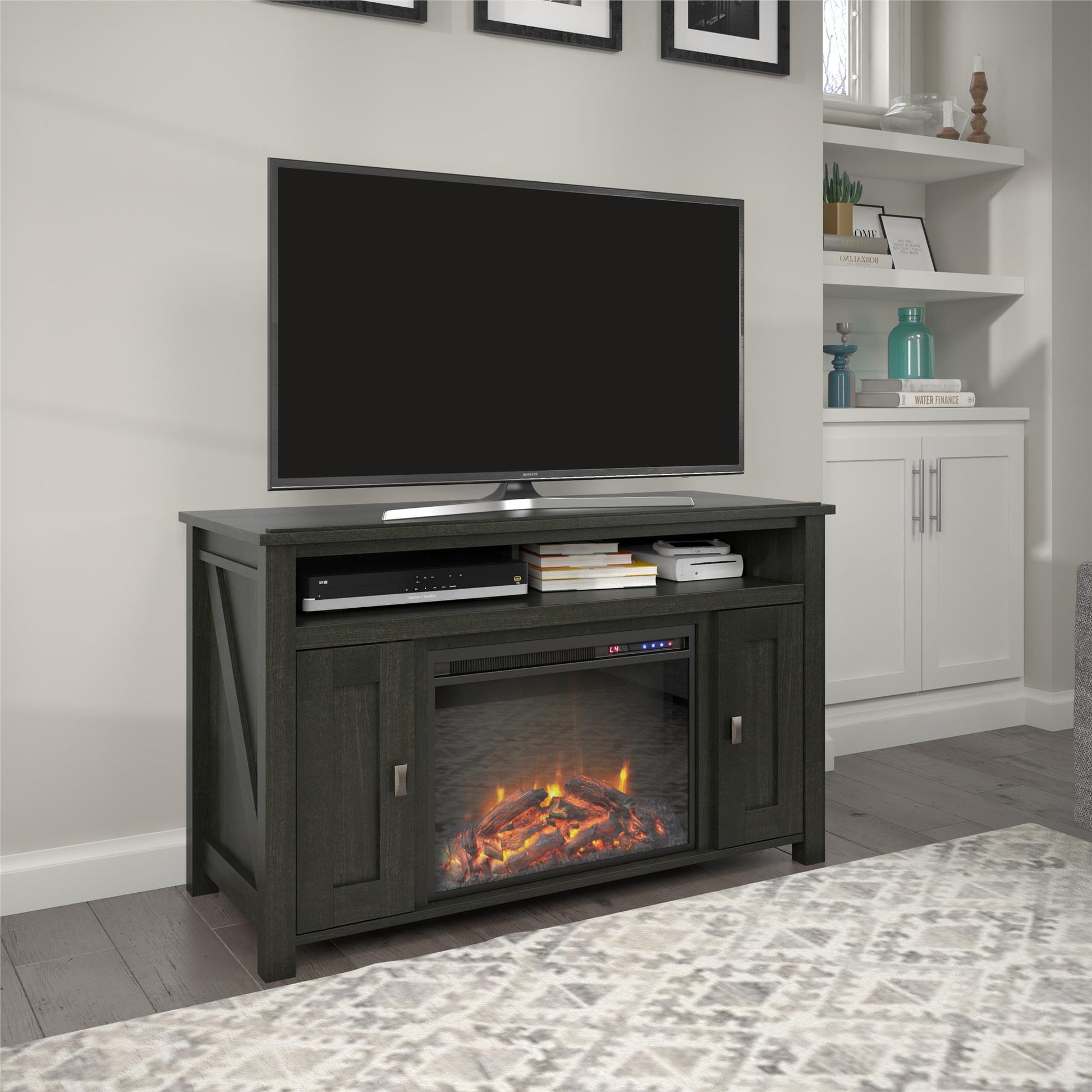 Farmington Electric Fireplace TV Console for TVs up to 50 Inch - Black Oak