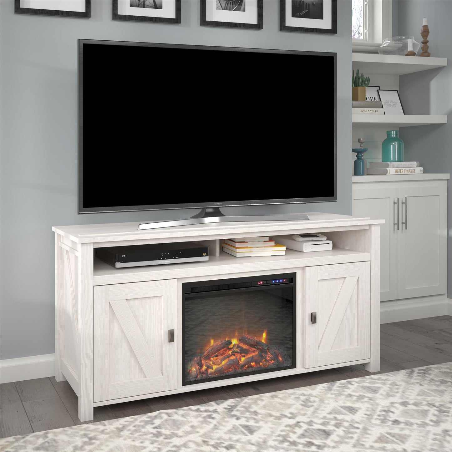Farmington Electric Fireplace TV Console for TVs up to 60 Inch - Ivory Oak
