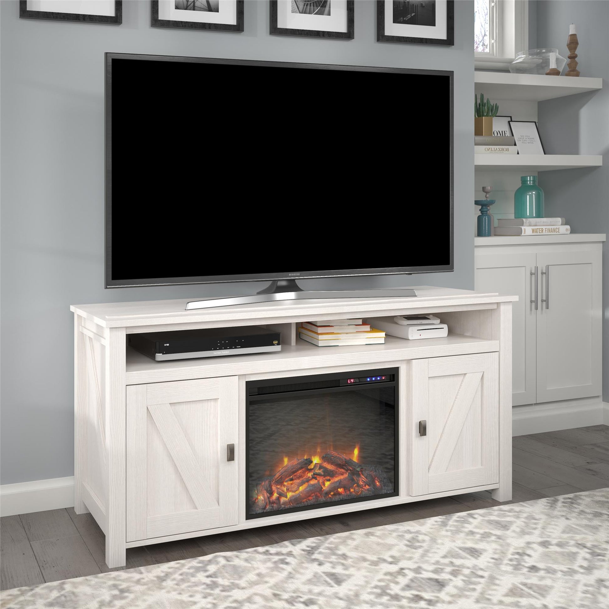 Farmington Electric Fireplace TV Console for TVs up to 60 Inch - Ivory Oak