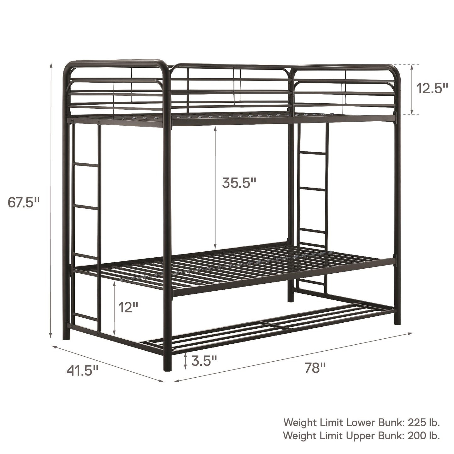 Mainstays Twin over Twin Metal Bunk Bed with Storage Bins, Black - Black - Twin-Over-Twin