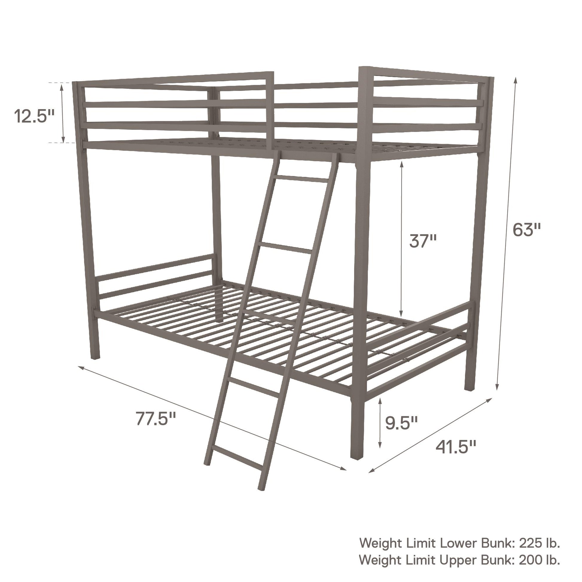 Maxwell Twin-Over-Twin Metal Bunk Bed - Gray - Twin-Over-Twin
