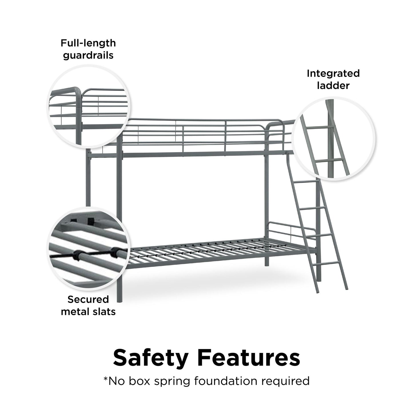 Twin over Twin Metal Bunk Bed with Slanted Front Ladder and Guardrails - Silver - Twin-Over-Twin