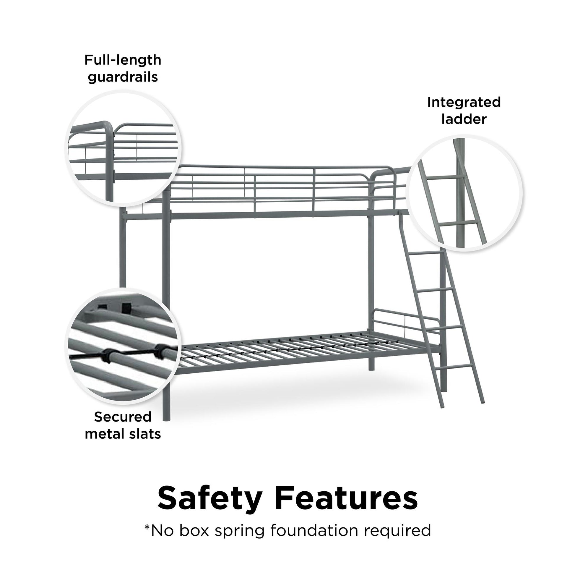 Twin over Twin Metal Bunk Bed with Slanted Front Ladder and Guardrails - Silver - Twin-Over-Twin