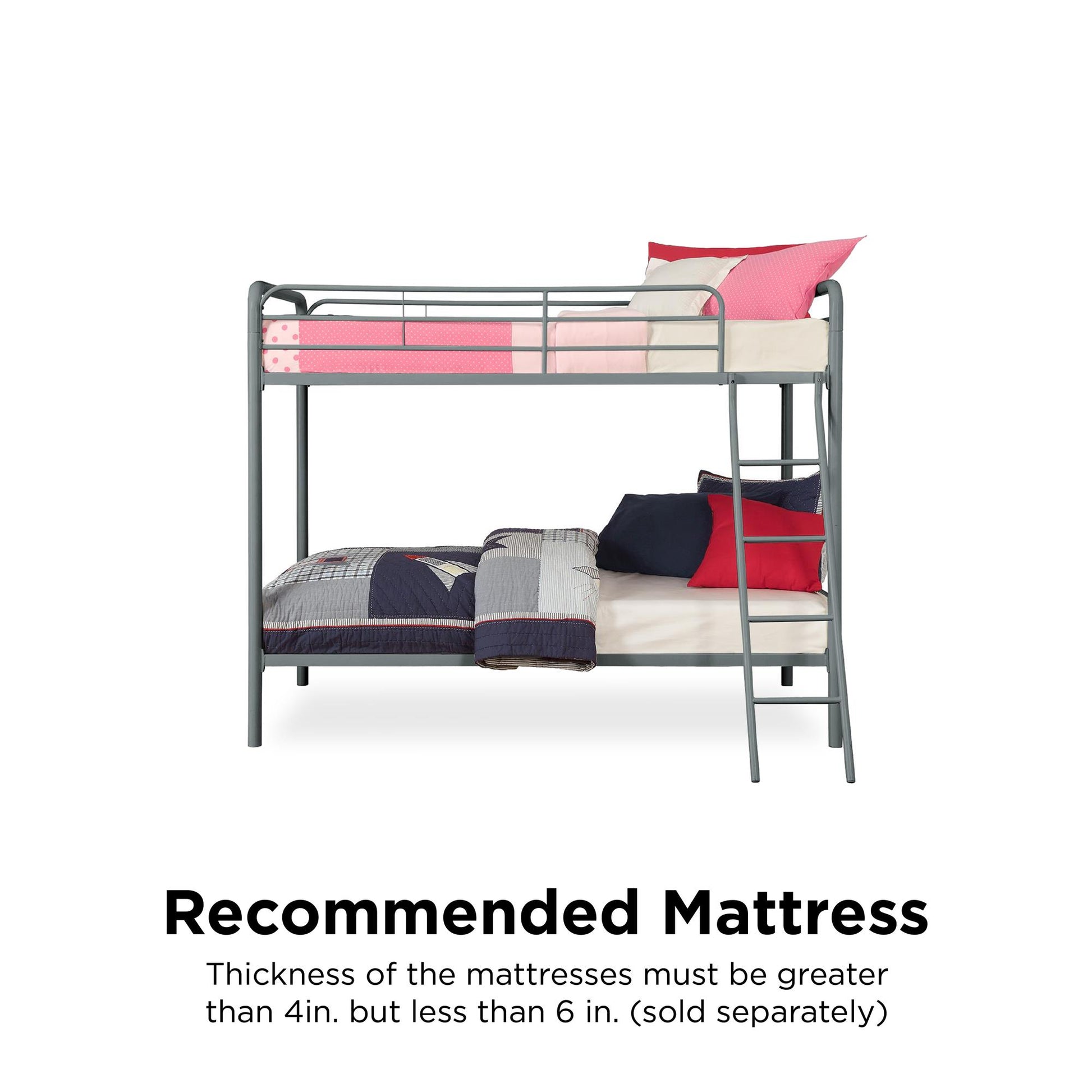 Twin over Twin Metal Bunk Bed with Slanted Front Ladder and Guardrails - Silver - Twin-Over-Twin