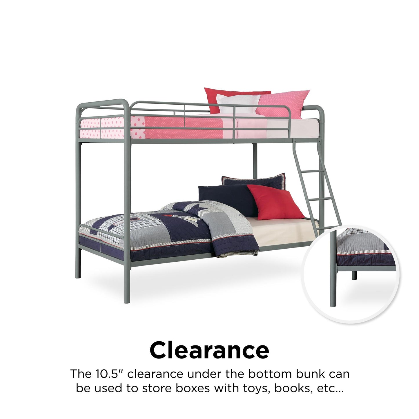 Twin over Twin Metal Bunk Bed with Slanted Front Ladder and Guardrails - Silver - Twin-Over-Twin