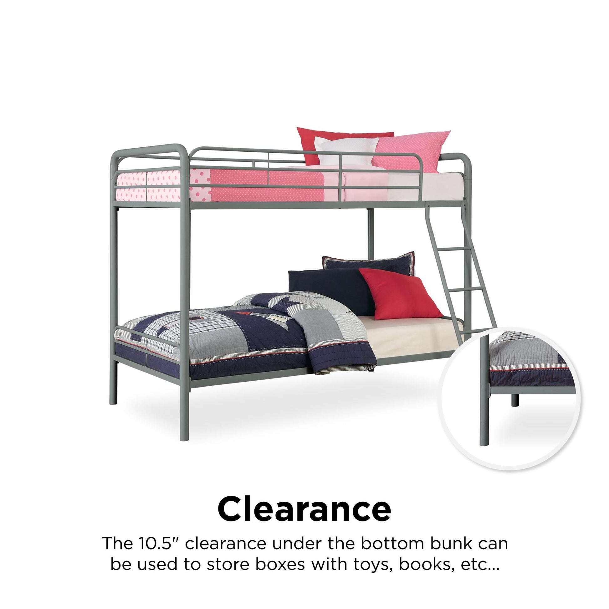 Twin over Twin Metal Bunk Bed with Slanted Front Ladder and Guardrails - Silver - Twin-Over-Twin