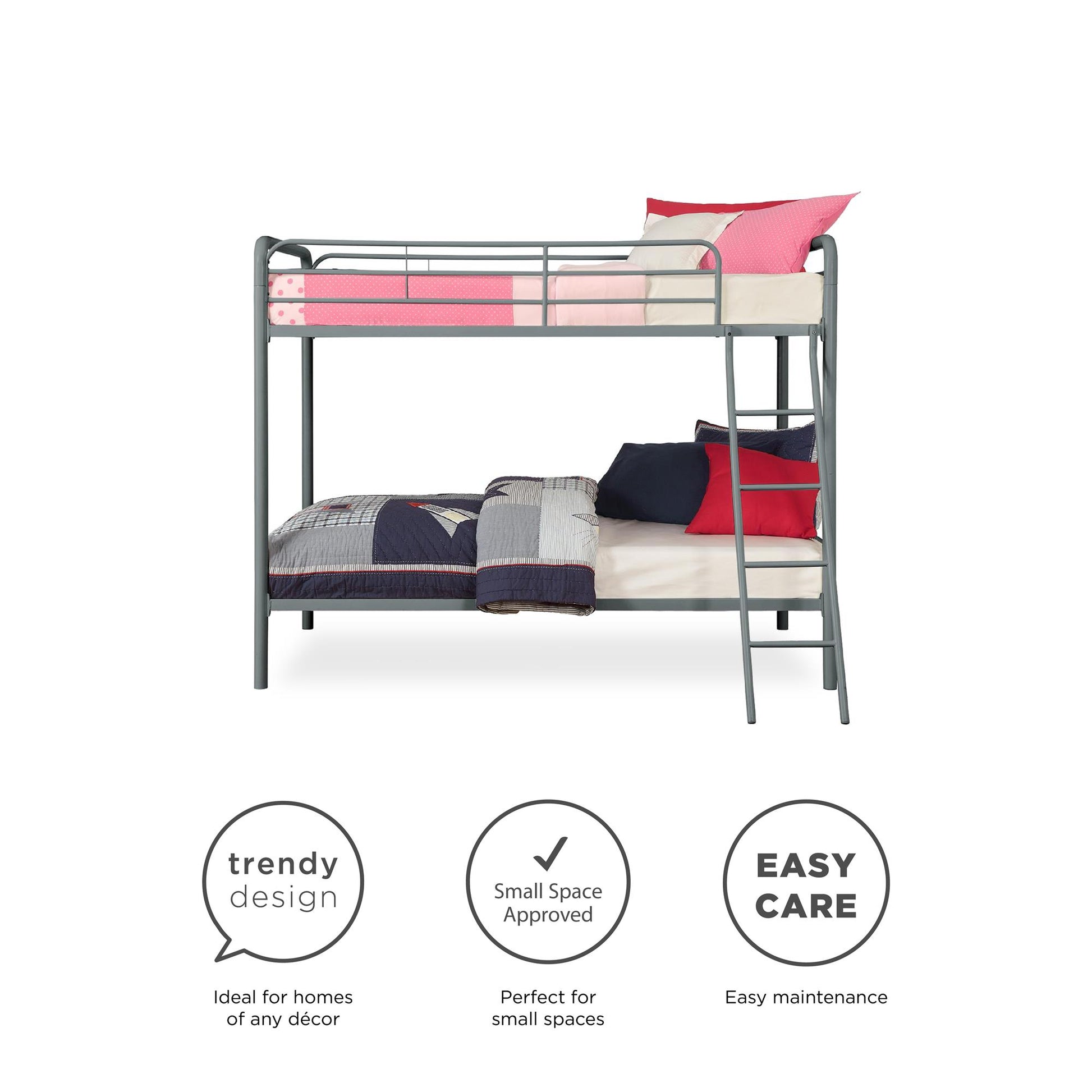 Twin over Twin Metal Bunk Bed with Slanted Front Ladder and Guardrails - Silver - Twin-Over-Twin