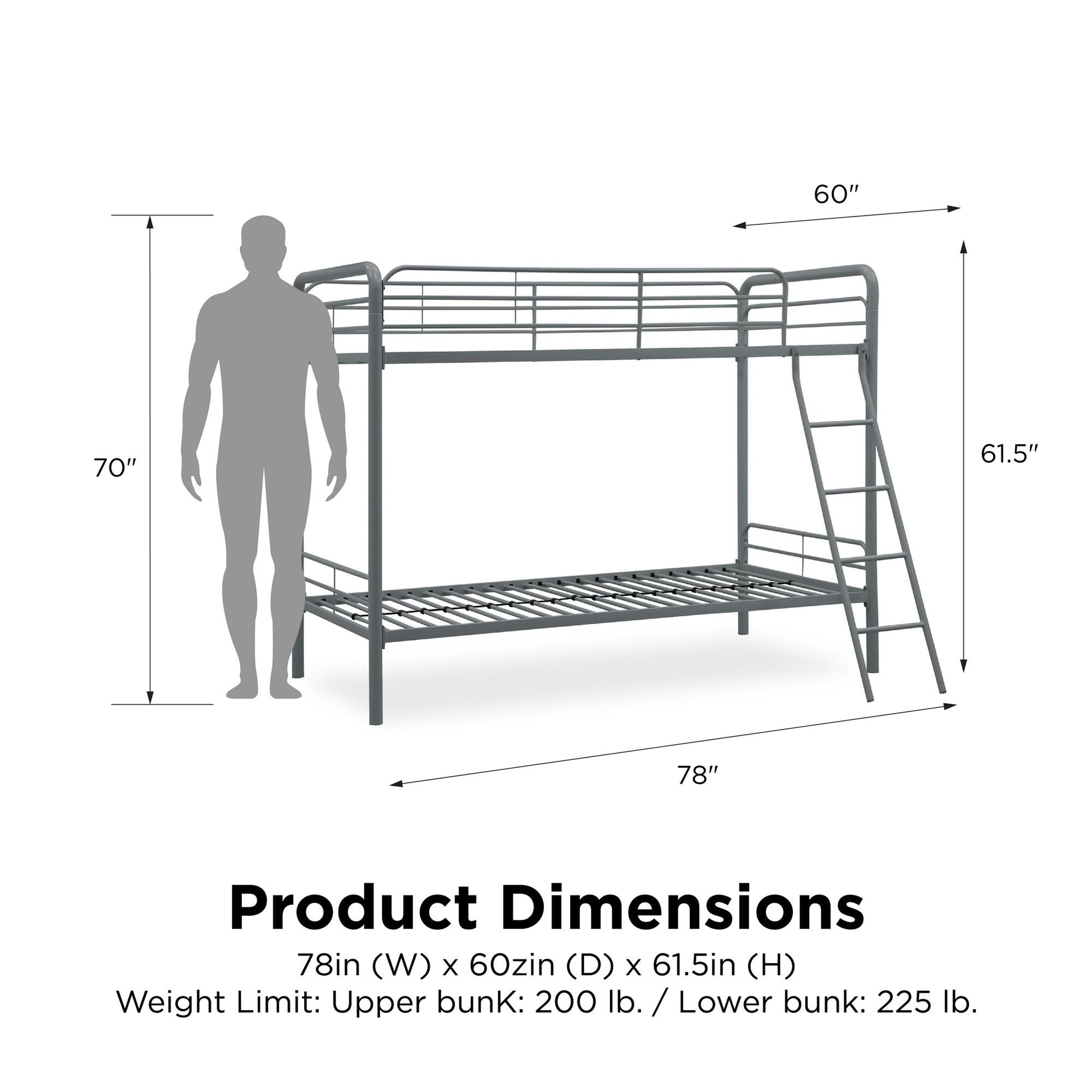 Twin over Twin Metal Bunk Bed with Slanted Front Ladder and Guardrails - Silver - Twin-Over-Twin