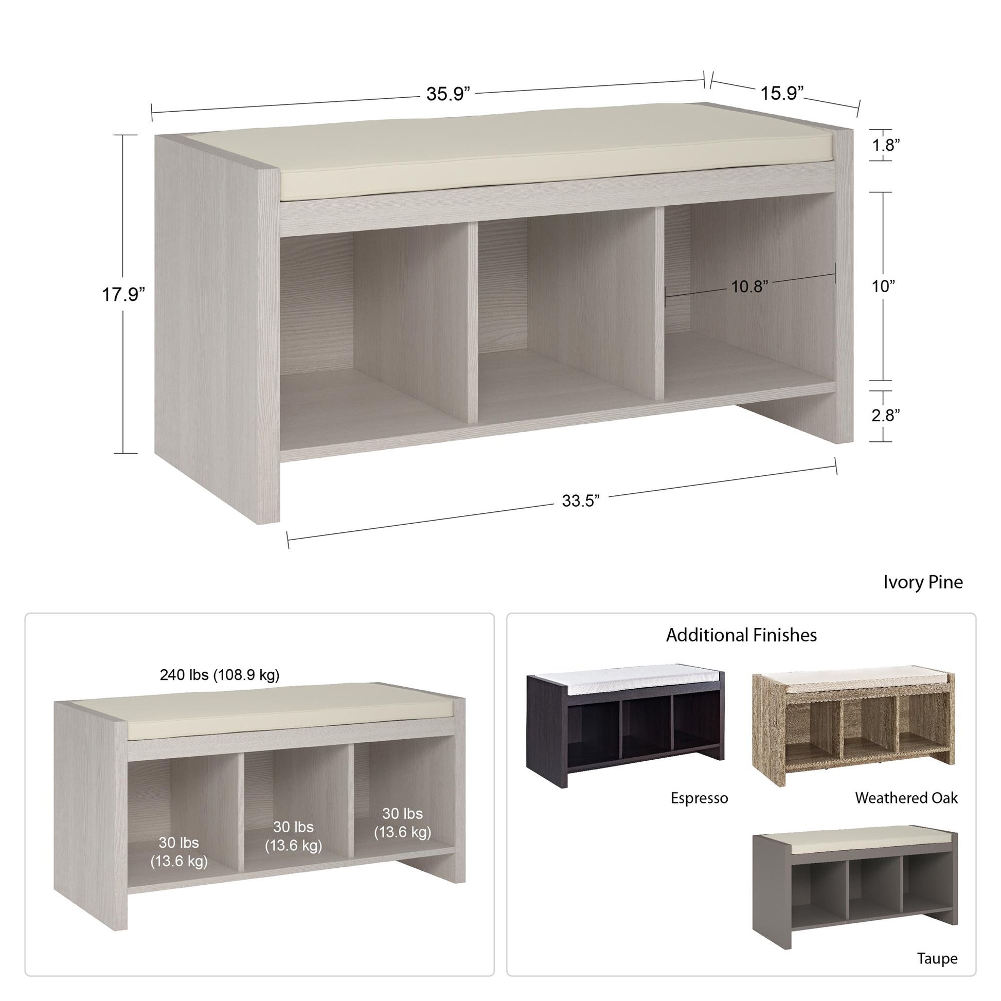 Penelope Entryway Storage Bench with Cushion and Cubbies - Espresso