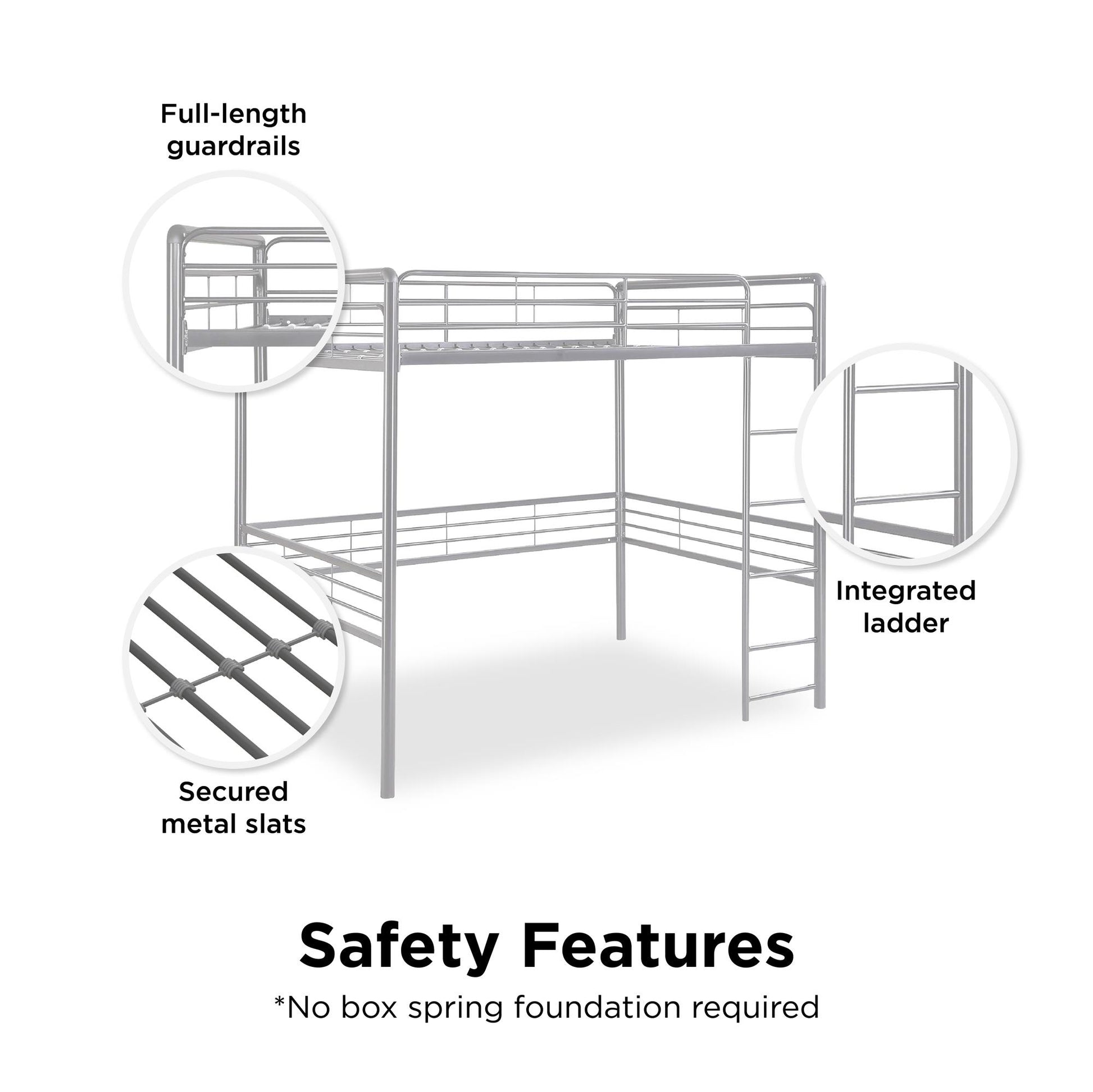 Tommy Full Metal Loft Bed with 59 Inches of Under Bed Storage - Silver - Full