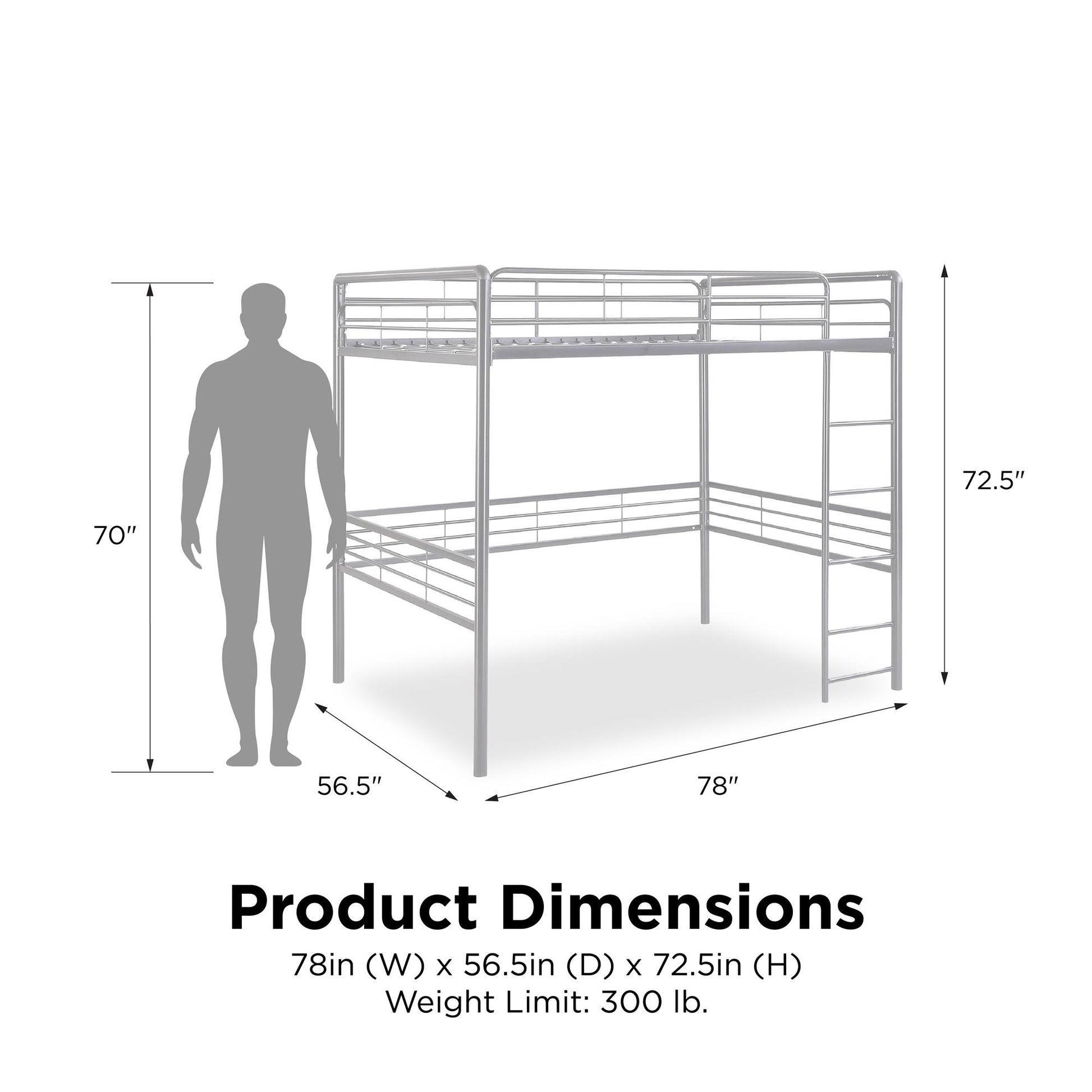 Tommy Full Metal Loft Bed with 59 Inches of Under Bed Storage - Silver - Full