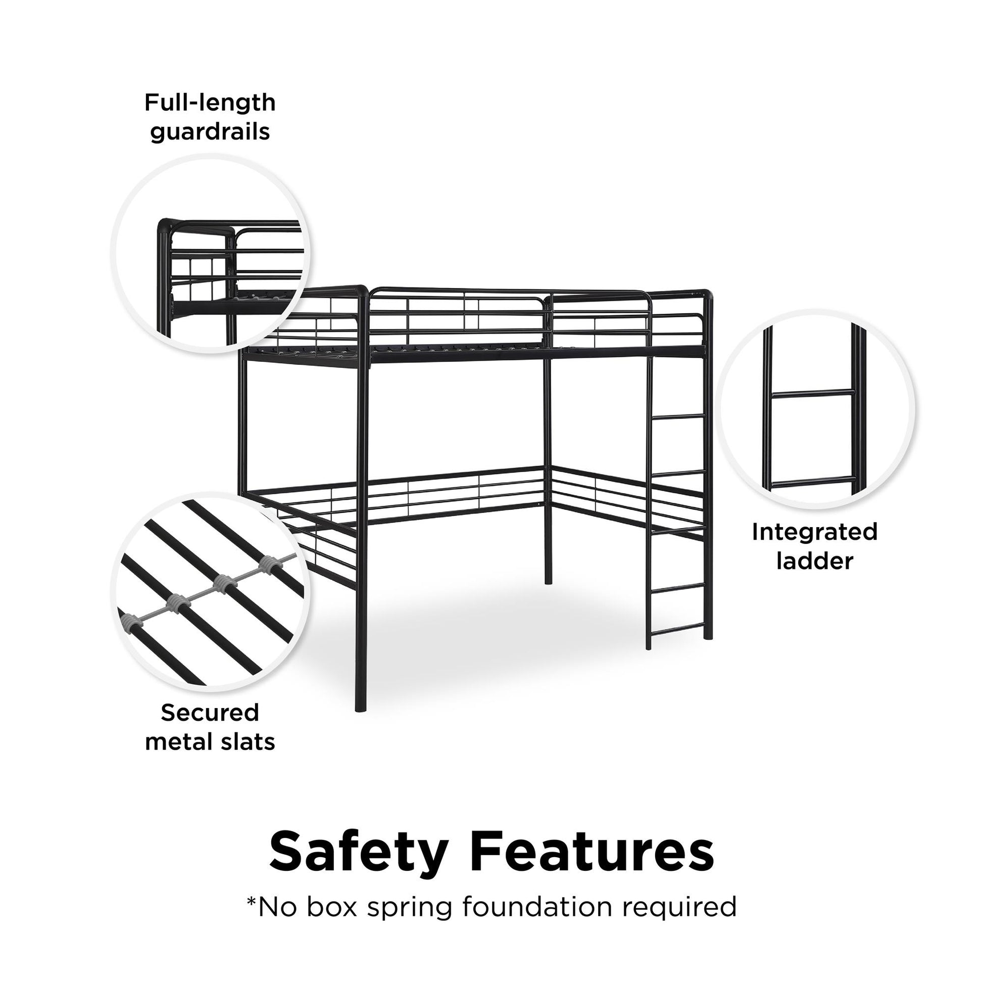 Tommy Full Metal Loft Bed with 59 Inches of Under Bed Storage - Black - Full