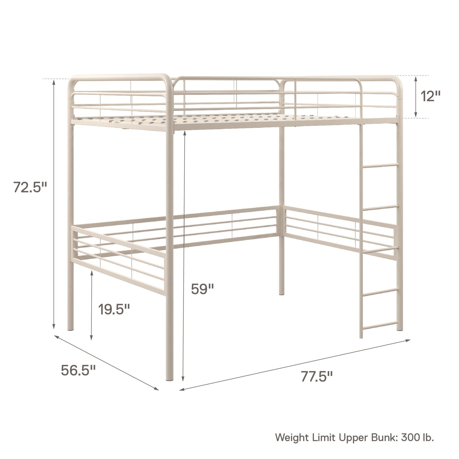 Tommy Full Metal Loft Bed with 59 Inches of Under Bed Storage - White - Full