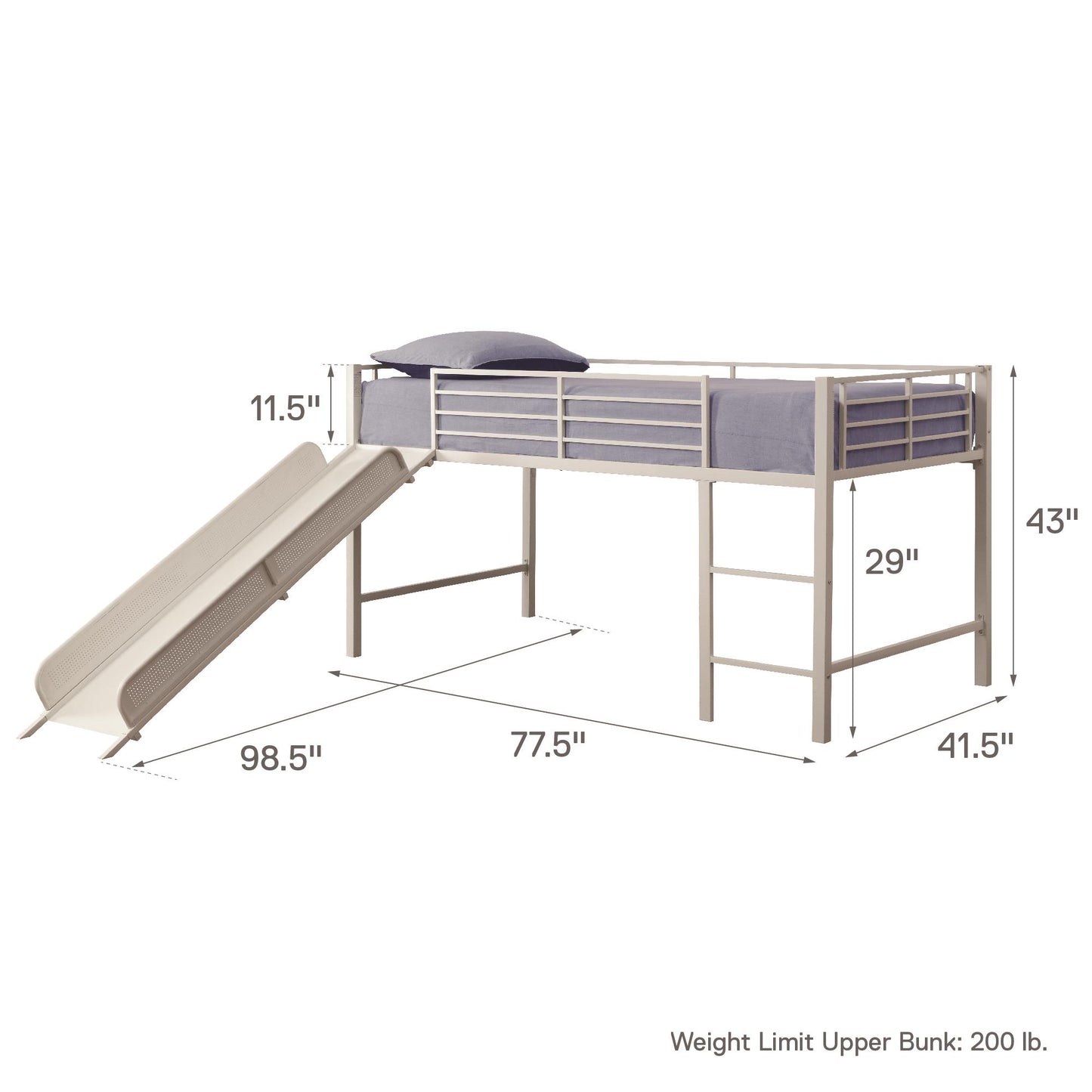 Laurie Junior Loft Bed with Metal Frame and Built-In Slide - White - Twin