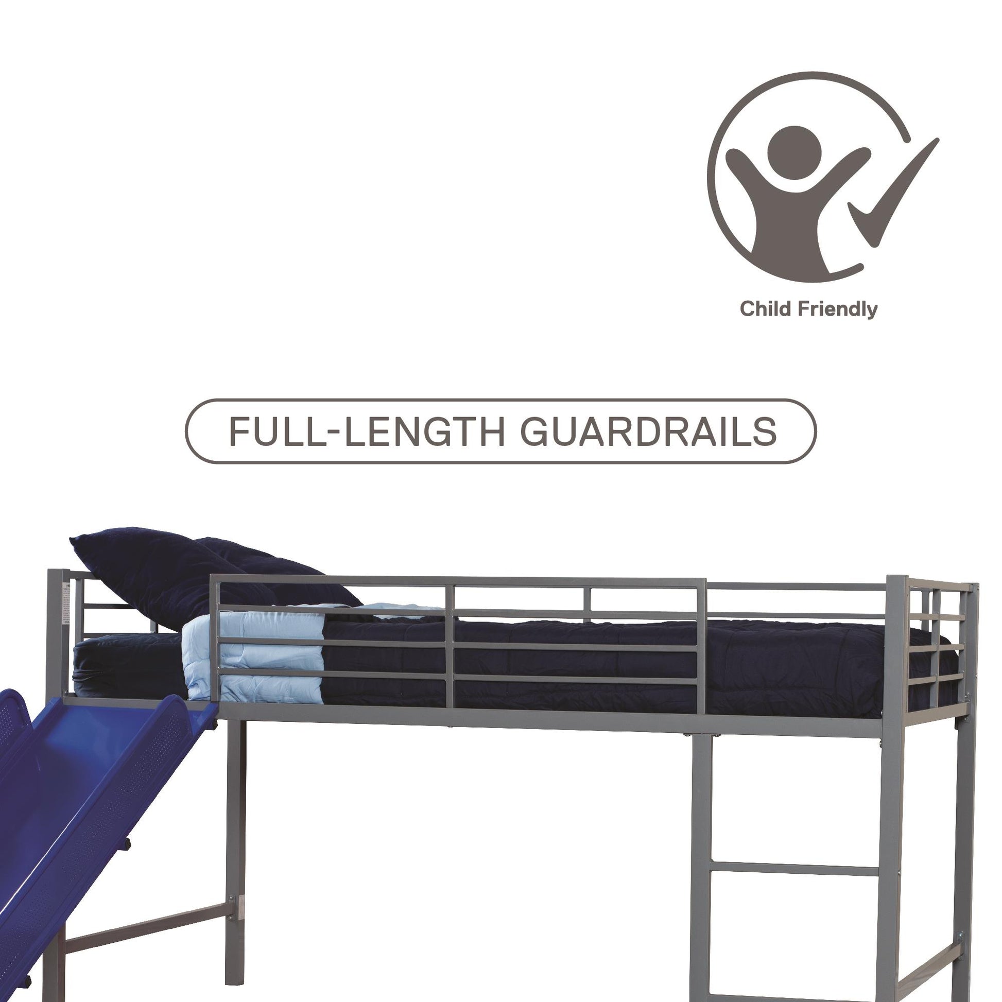 Laurie Junior Loft Bed with Metal Frame and Built-In Slide - Silver / Blue - Twin