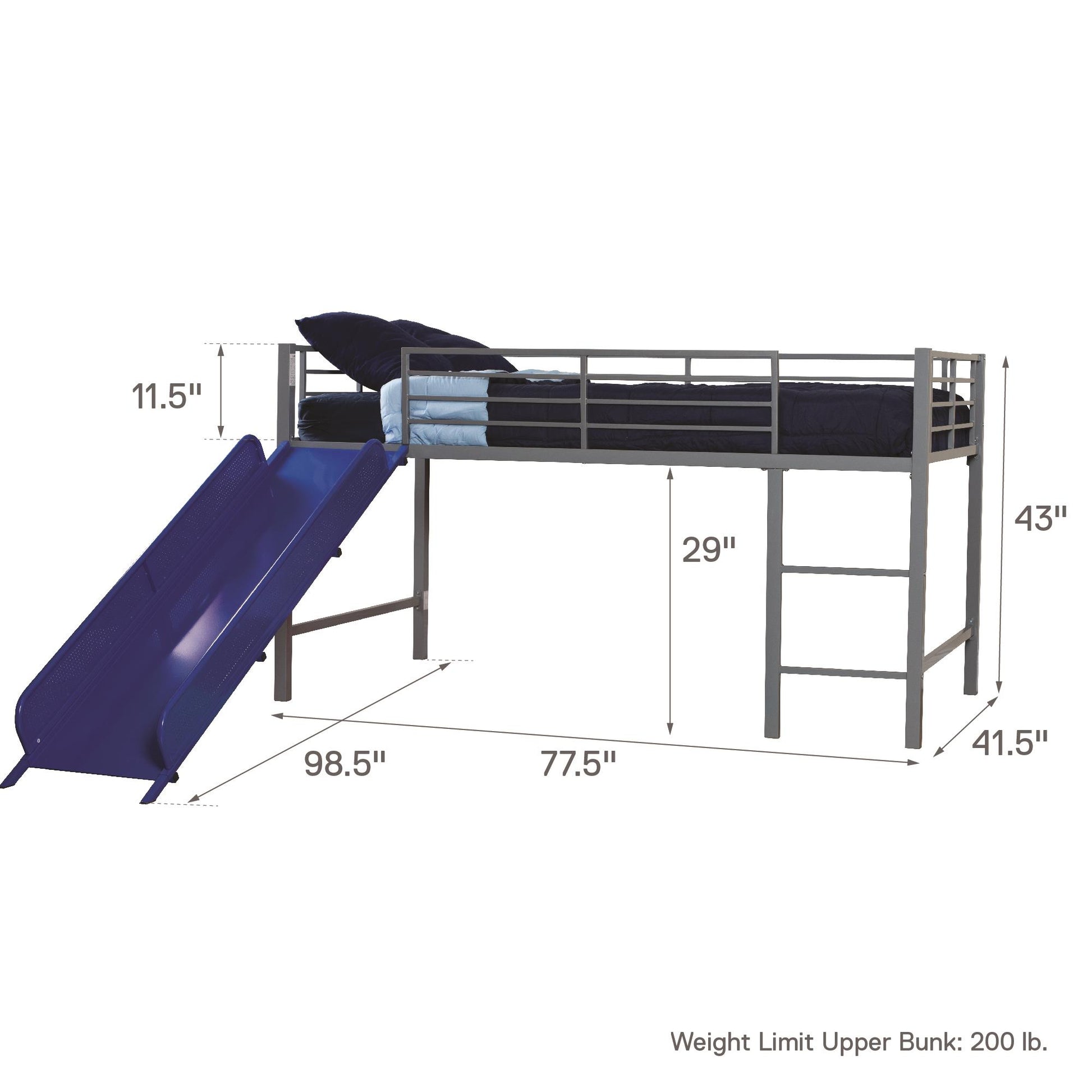 Laurie Junior Loft Bed with Metal Frame and Built-In Slide - Silver / Blue - Twin