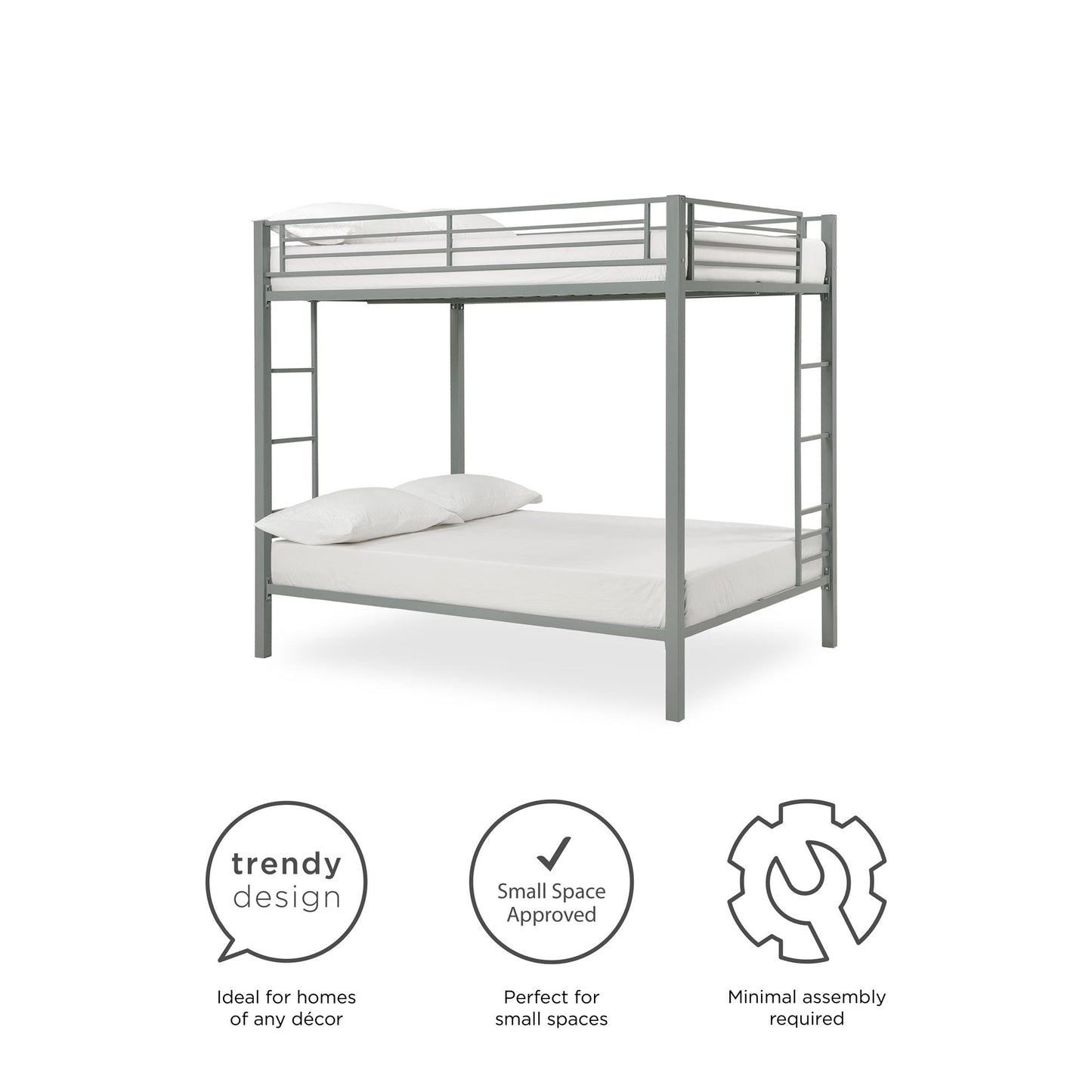Full over Full Bunk Bed with Sturdy Metal Frame and Simple Design - Silver - Full-Over-Full