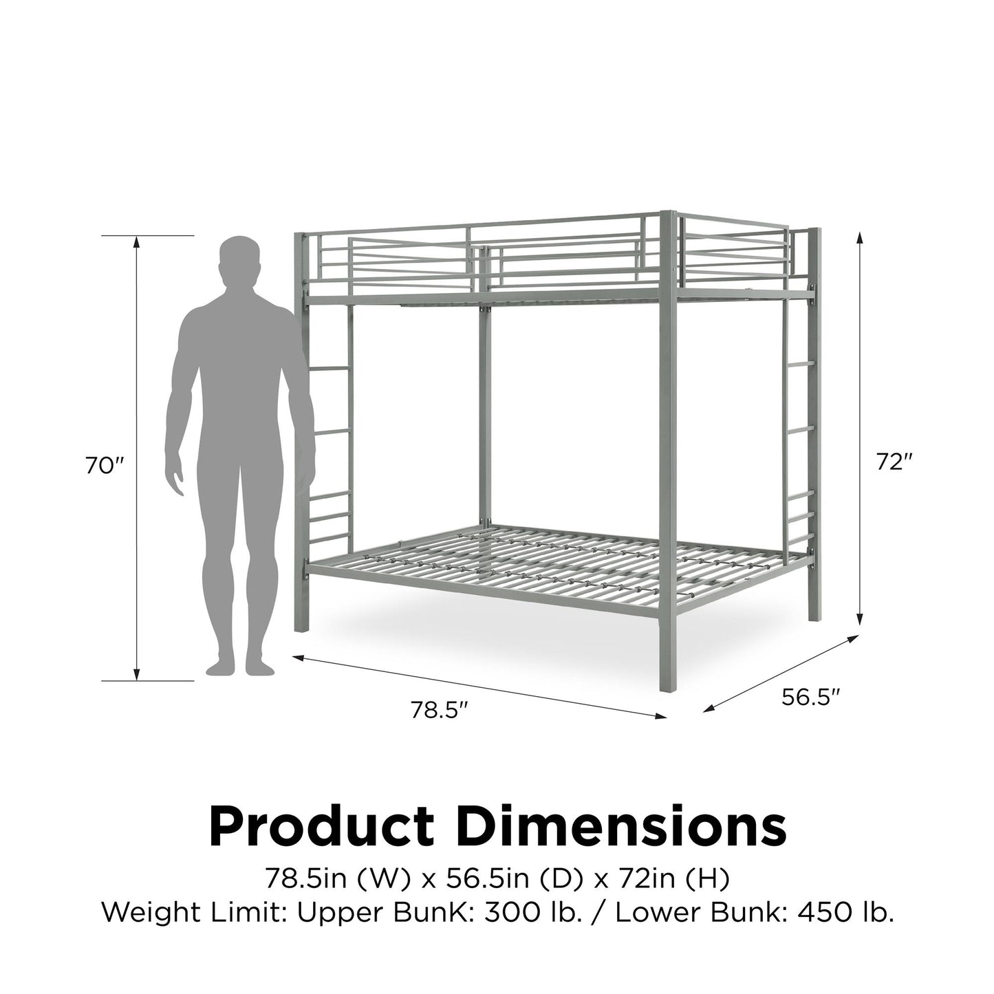 Full over Full Bunk Bed with Sturdy Metal Frame and Simple Design - Silver - Full-Over-Full
