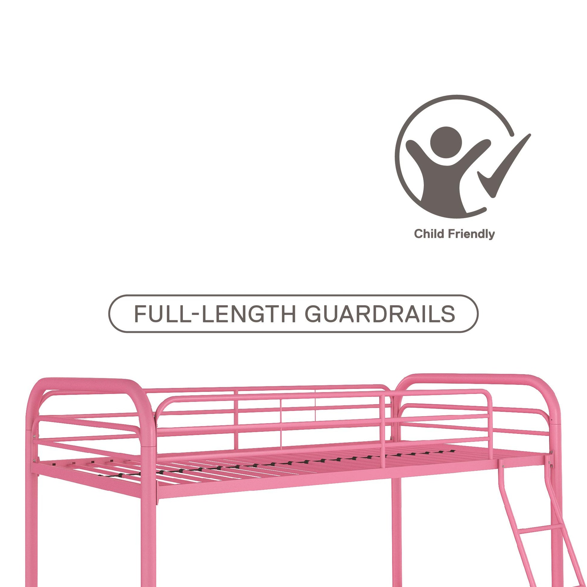Twin over Twin Metal Bunk Bed with Slanted Front Ladder and Guardrails - Pink - Twin-Over-Twin