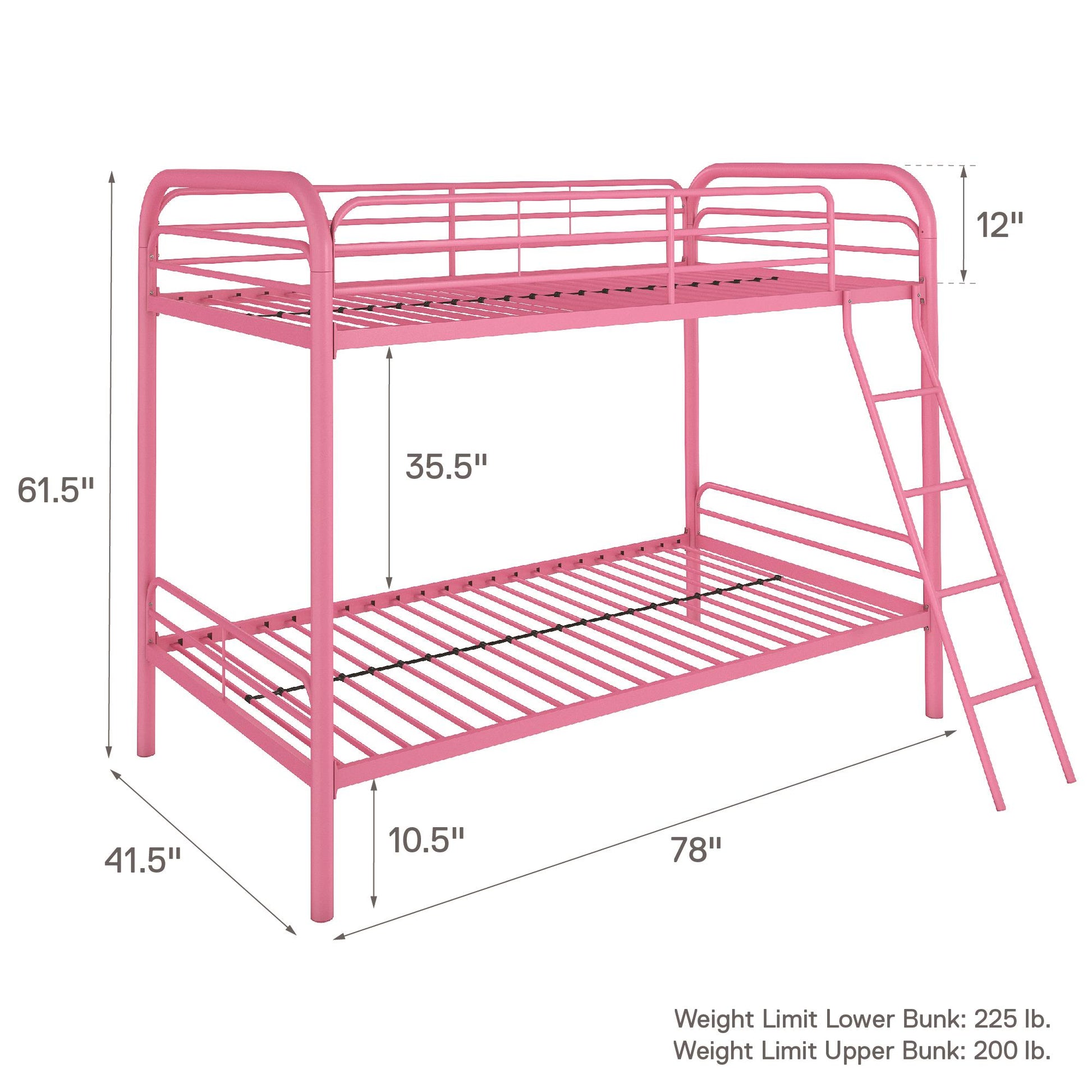 Twin over Twin Metal Bunk Bed with Slanted Front Ladder and Guardrails - Pink - Twin-Over-Twin