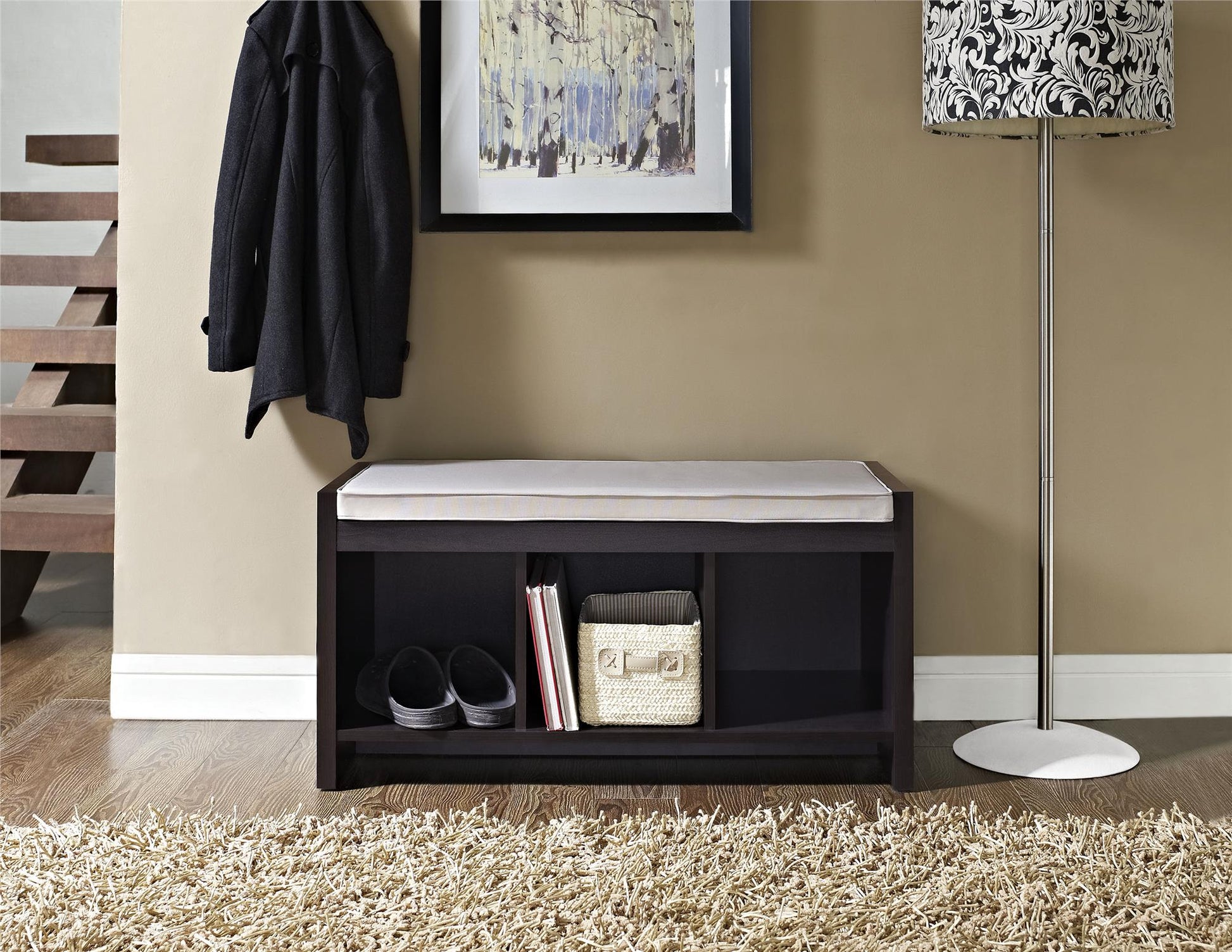 Penelope Entryway Storage Bench with Cushion and Cubbies - Espresso