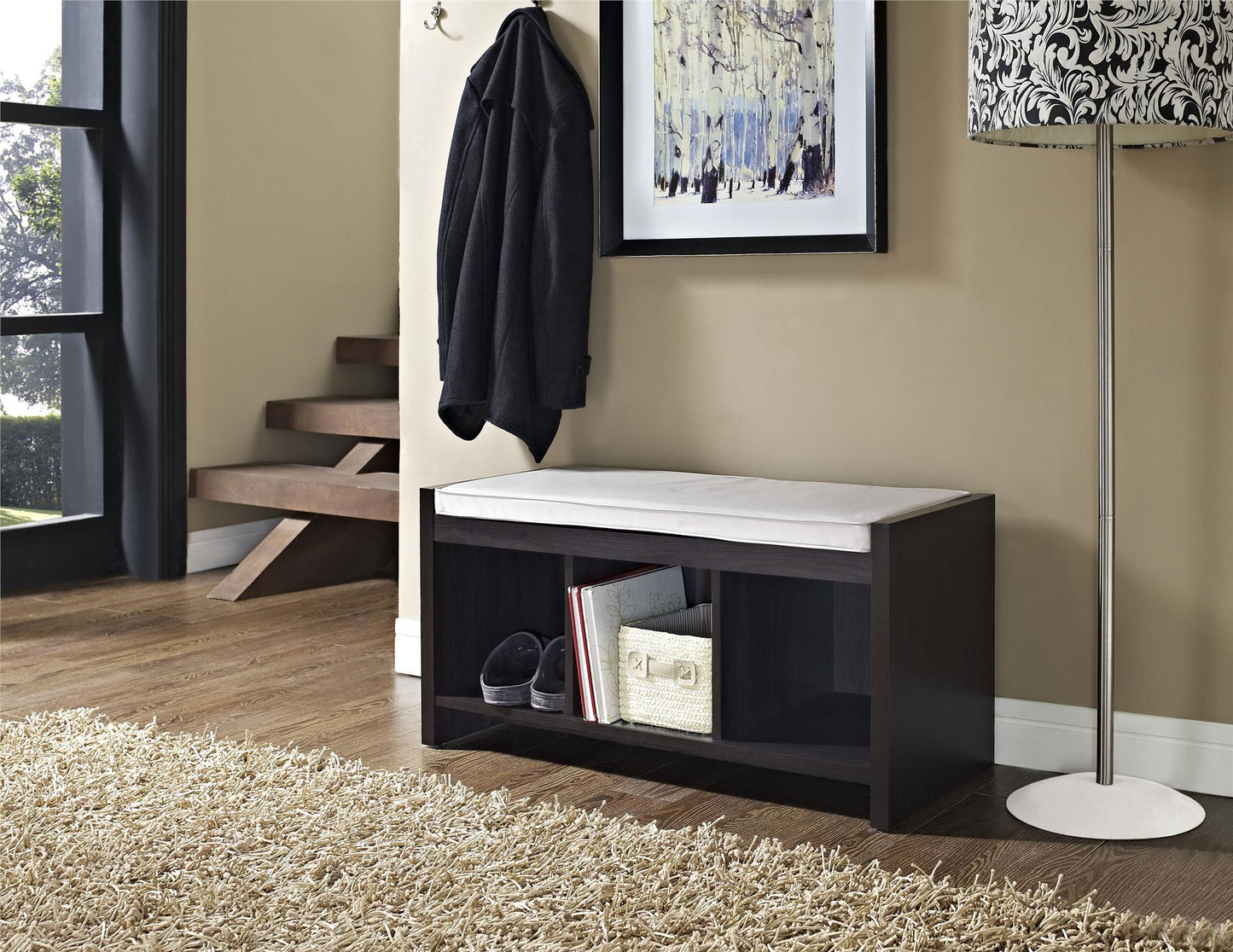 Penelope Entryway Storage Bench with Cushion and Cubbies - Espresso